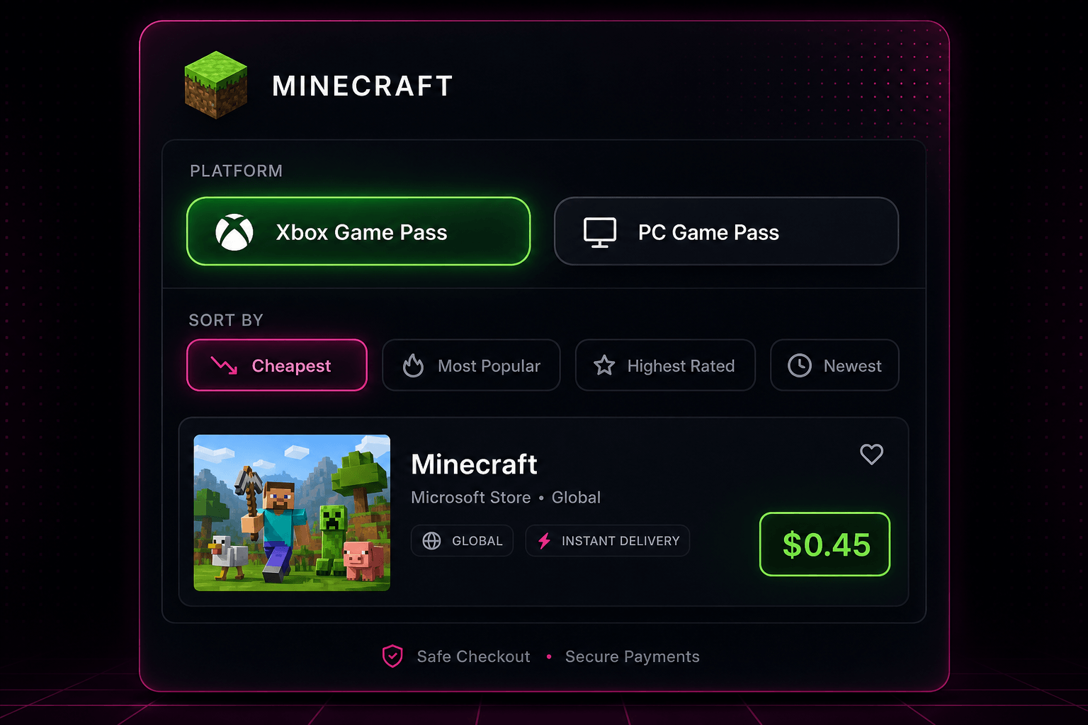 تصنيف ماين كرافت مع فلتر Xbox/PC Game Pass وترتيب الأرخص