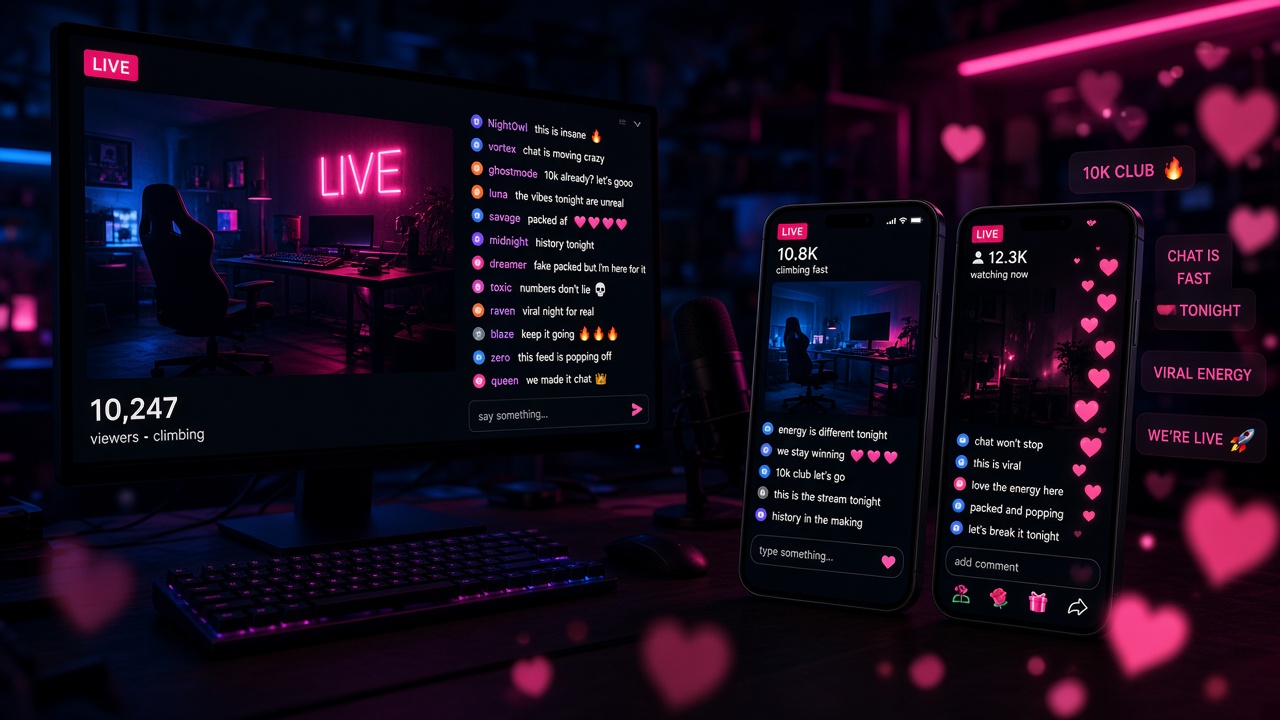 A packed live stream with climbing viewers and a flood of chat