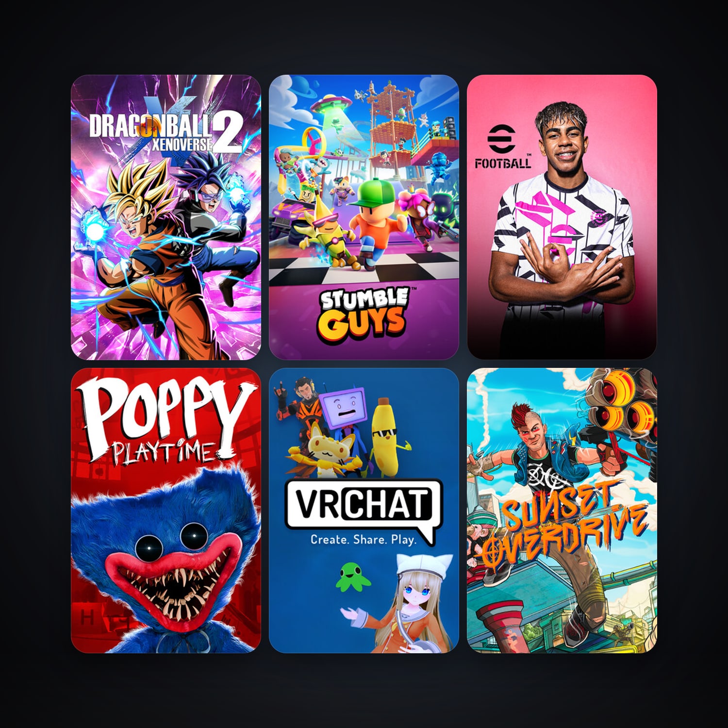 VRChat + DRAGON BALL XENOVERSE 2, 7 games, clean — HabibiAccounts