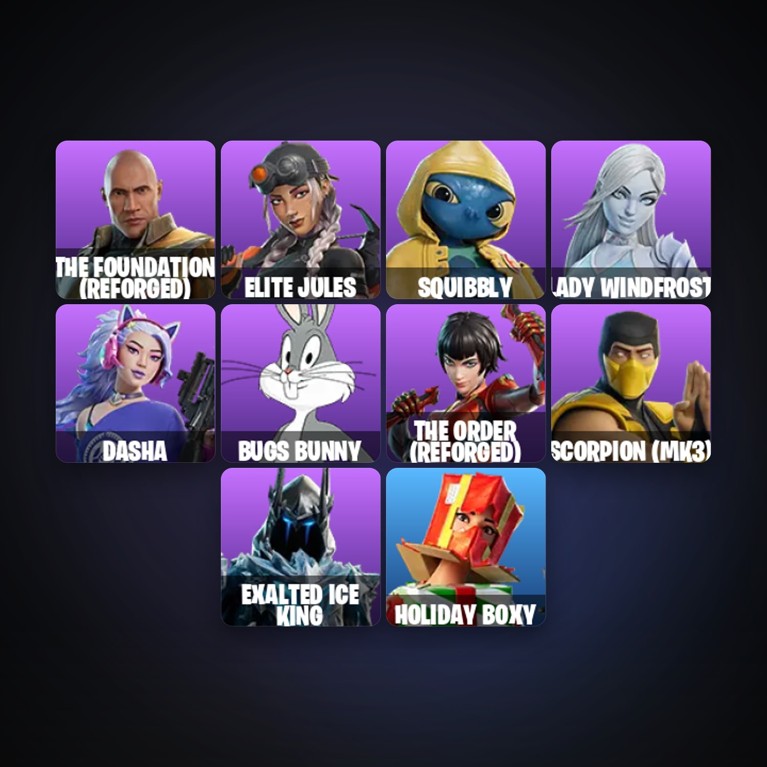 حساب فورتنايت The Foundation (Reforged) وElite Jules، لوكر 11 سكن، 650 فيبوكس، لفل 273، 12 فوز — HabibiAccounts