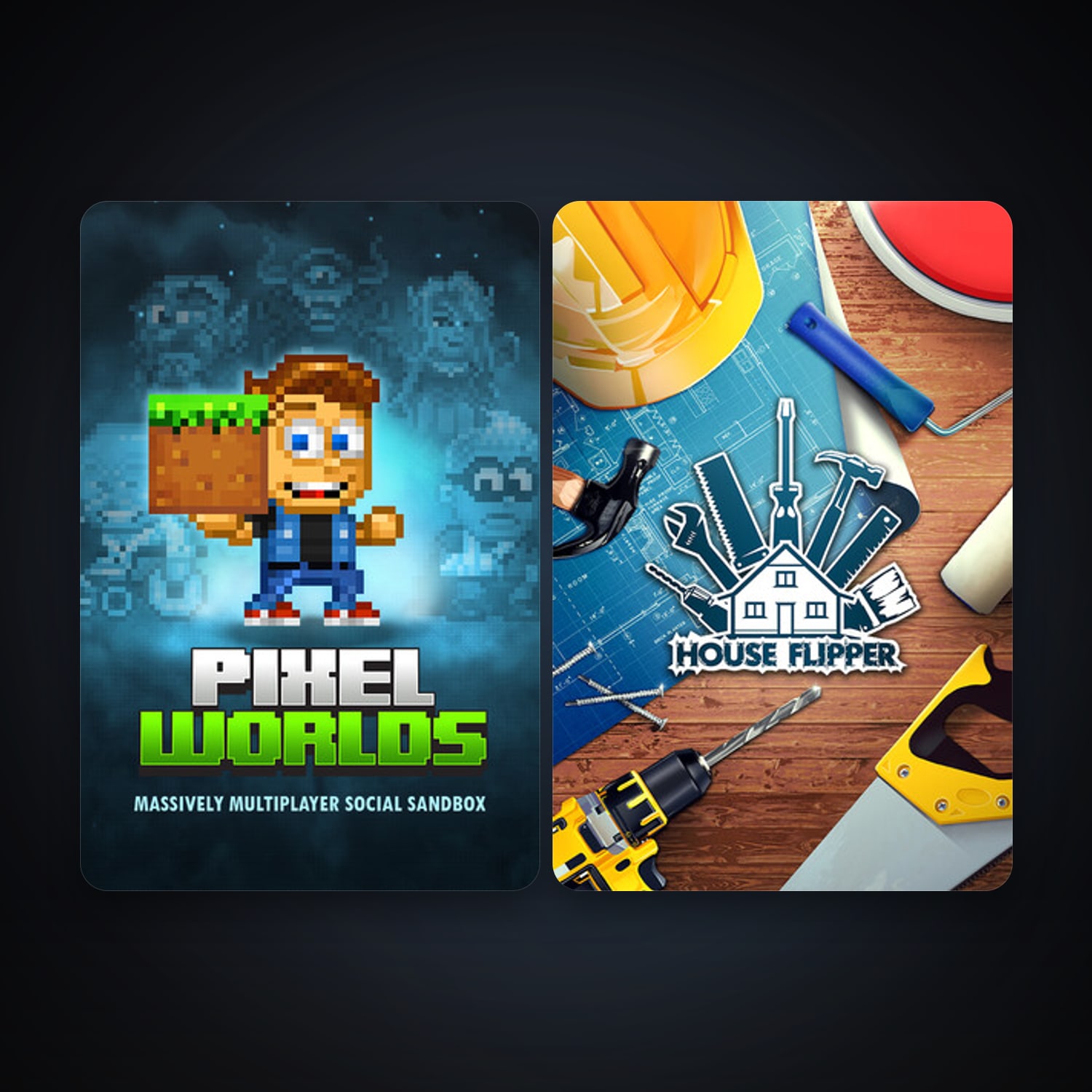 House Flipper + Pixel Worlds: MMO Sandbox, 4 games, clean — HabibiAccounts