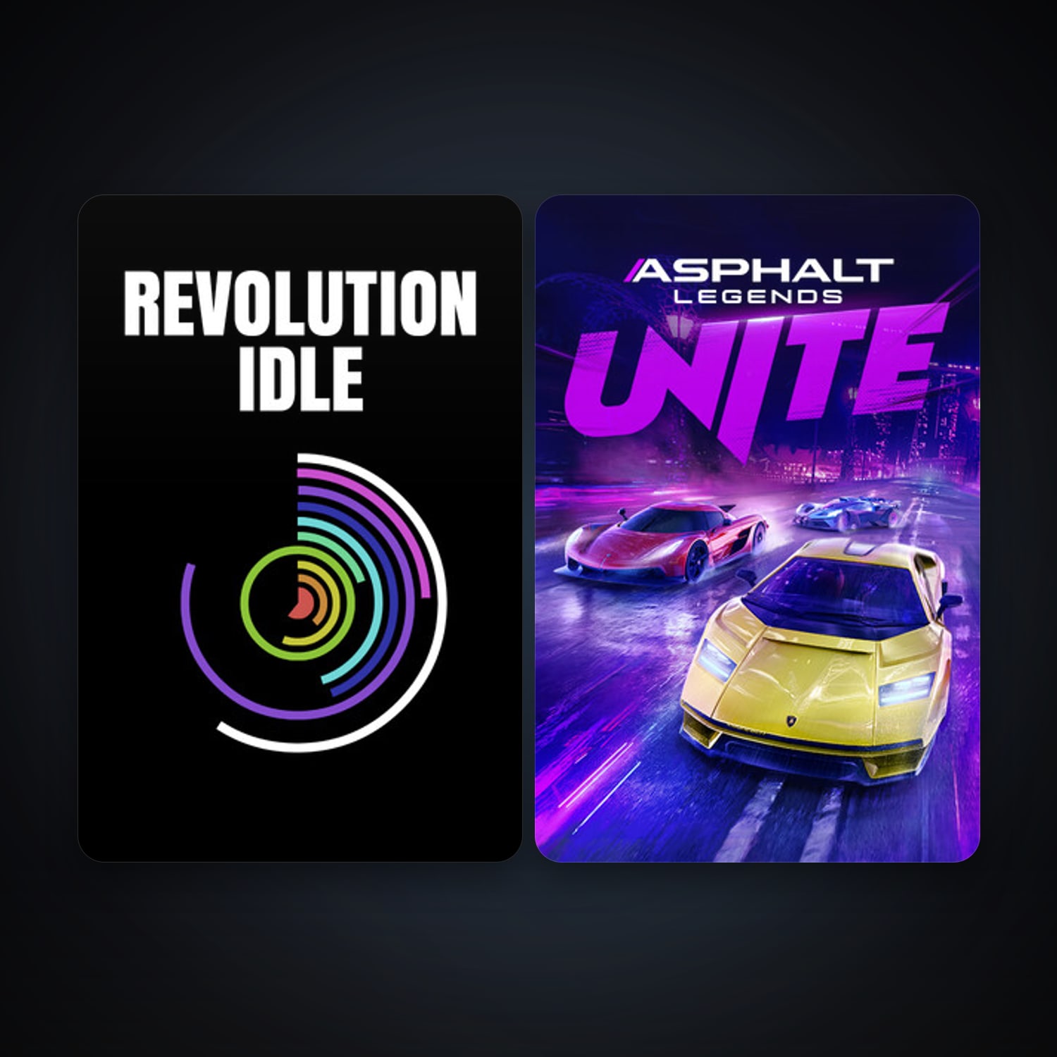 Asphalt Legends Unite + Revolution Idle, 7 games, clean — HabibiAccounts