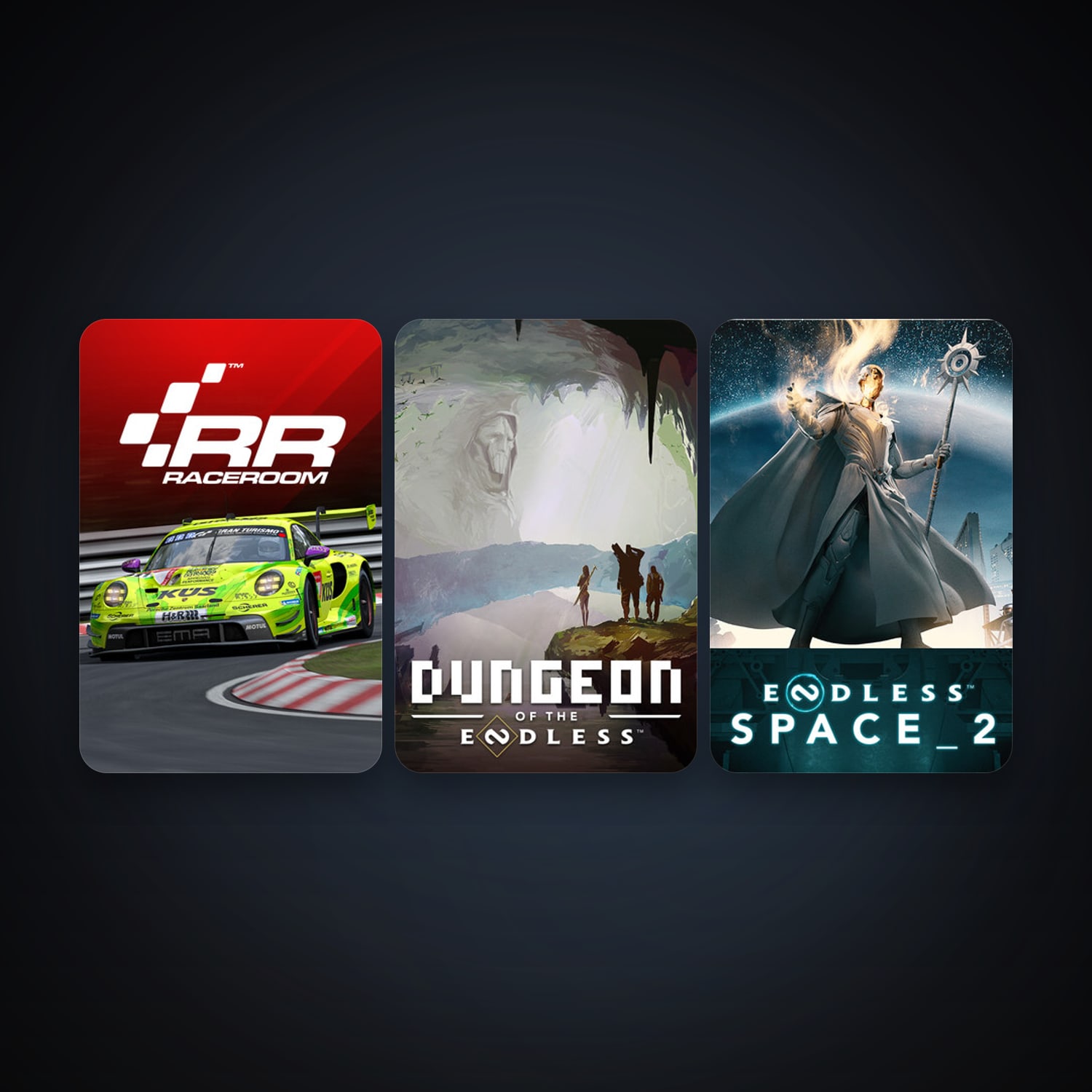 RaceRoom Racing Experience + Dungeon of the Endless - Crystal Edition, 3 games, clean — HabibiAccounts