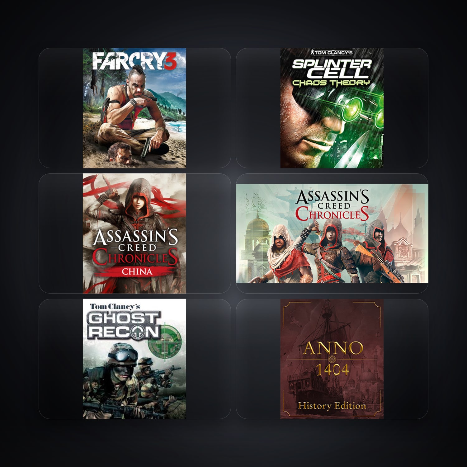 حساب يوبيسوفت فيه Far Cry 3 Deluxe Edition وTom Clancy's Splinter Cell Chaos Theory، US، 7 ألعاب — HabibiAccounts