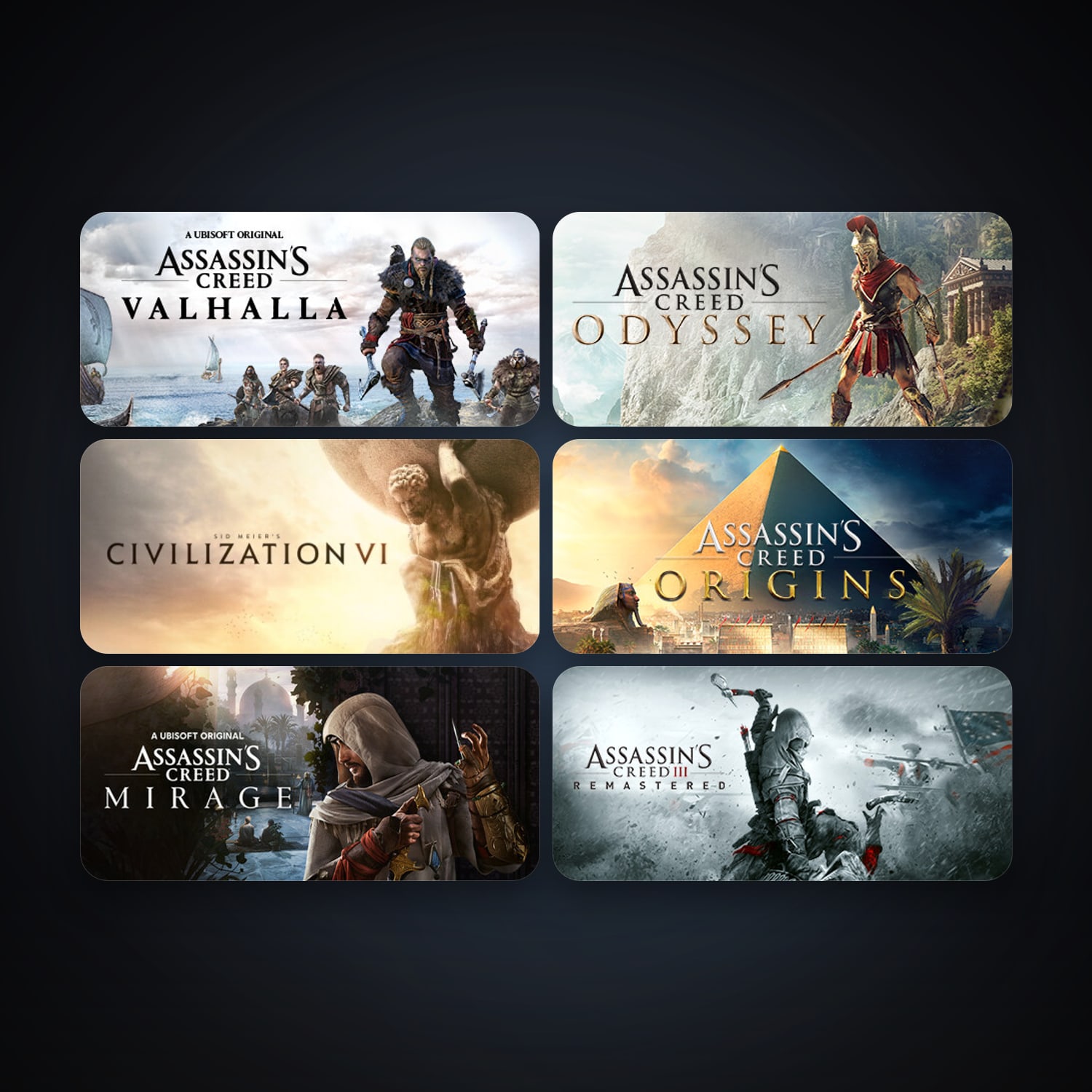 Sid Meier's Civilization VI + Assassin's Creed Origins, 6 games, clean — HabibiAccounts