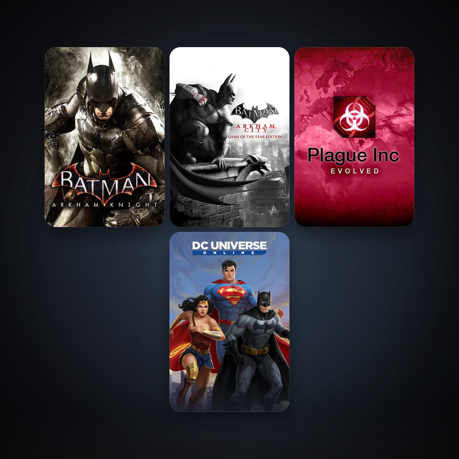 DC Universe Online + Batman: Arkham City - Game of the Year Edition, 7 games, clean — HabibiAccounts