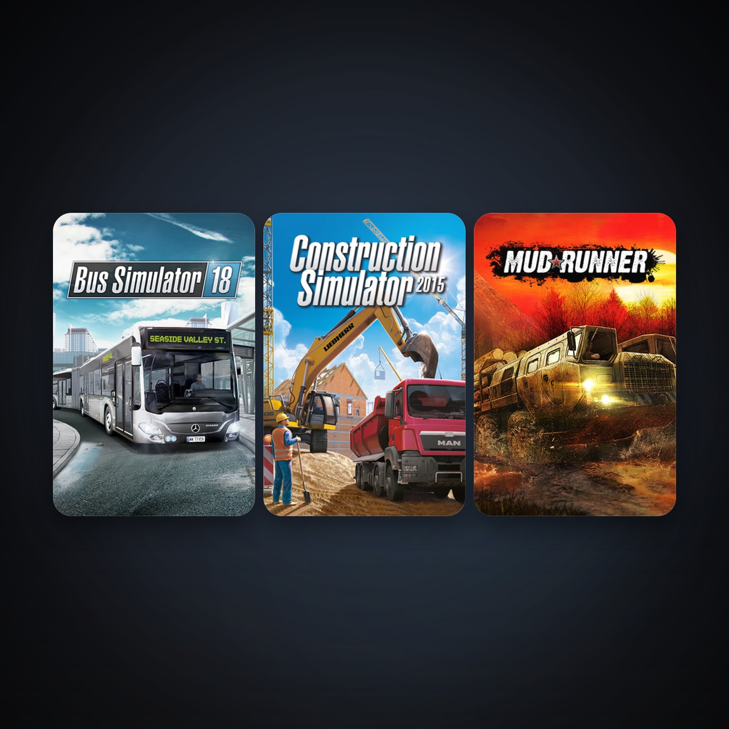 Construction Simulator 2015 + Bus Simulator 18, 7 games, clean — HabibiAccounts