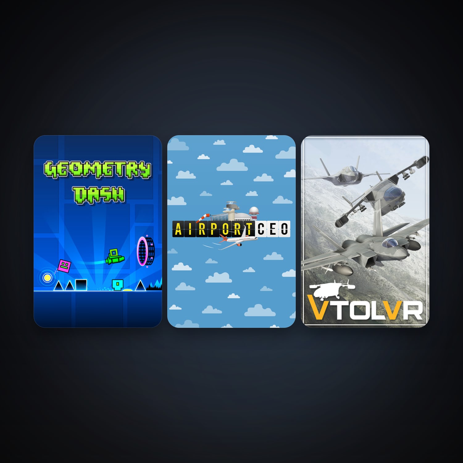 Geometry Dash + VTOL VR, 3 games, clean — HabibiAccounts