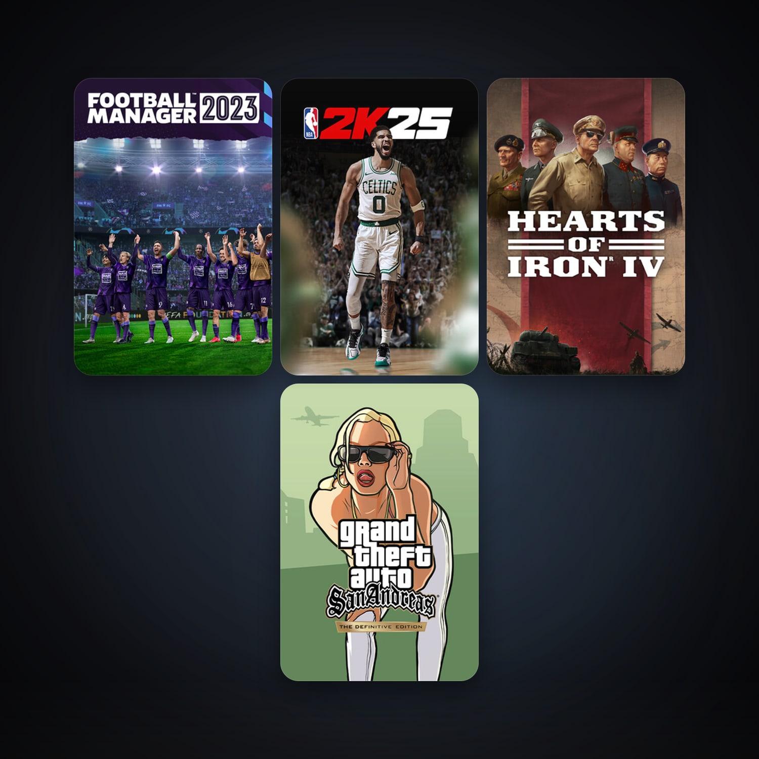 Hearts of Iron IV + Grand Theft Auto: San Andreas - The Definitive Edition, 8 games, clean — HabibiAccounts