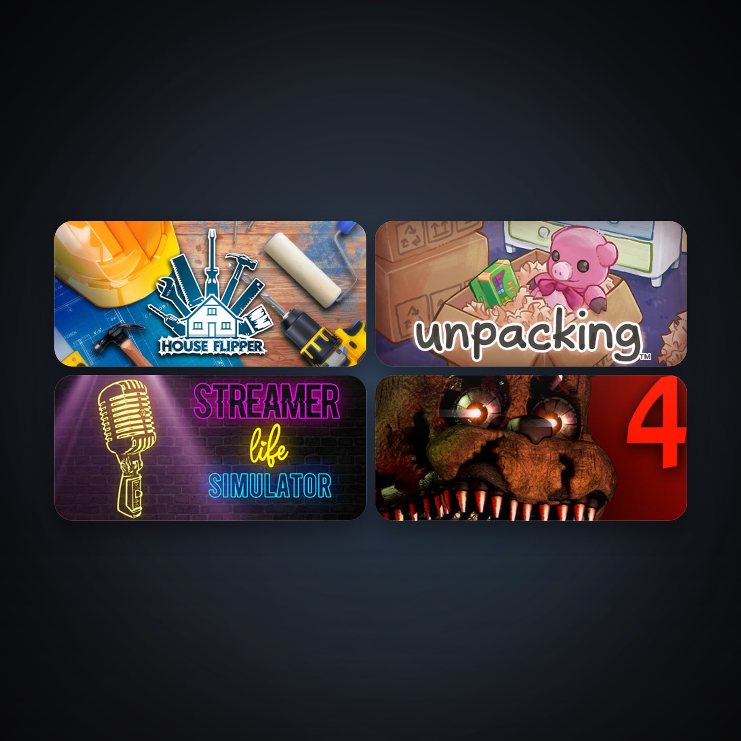 Five Nights at Freddy's 4 + House Flipper, 5 games, clean — HabibiAccounts