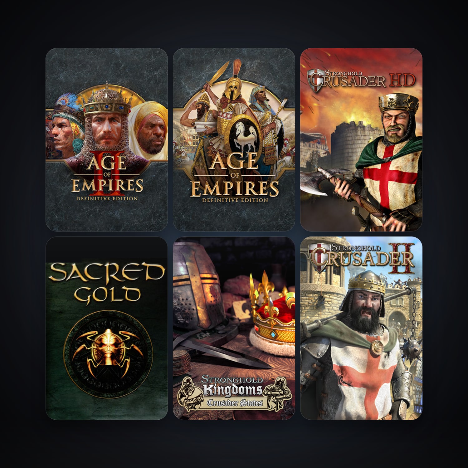 Sacred Gold + Stronghold Crusader HD, 7 games, clean — HabibiAccounts