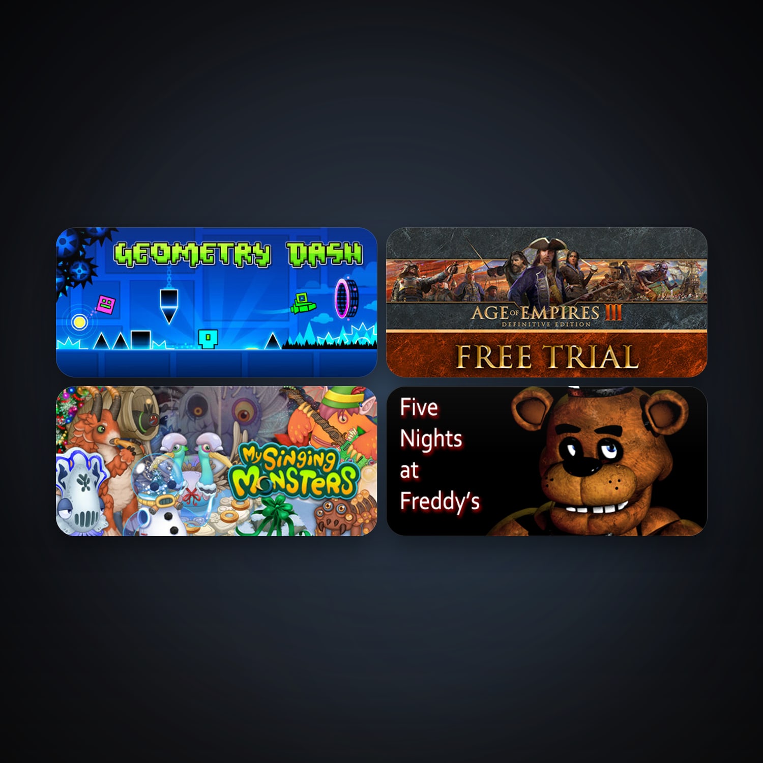 Five Nights at Freddy's + Geometry Dash, 7 games, clean — HabibiAccounts