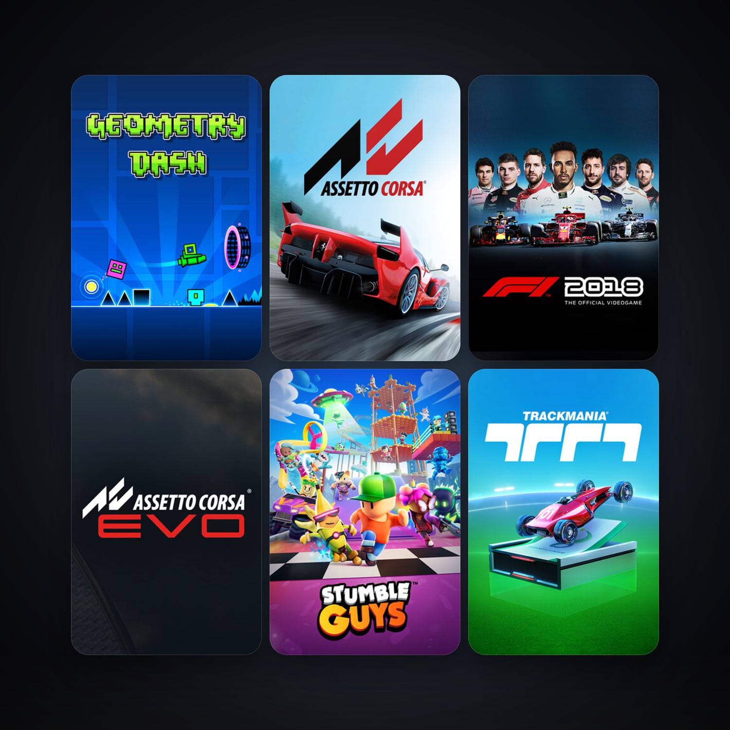 Assetto Corsa + Geometry Dash, 18 games, clean — HabibiAccounts