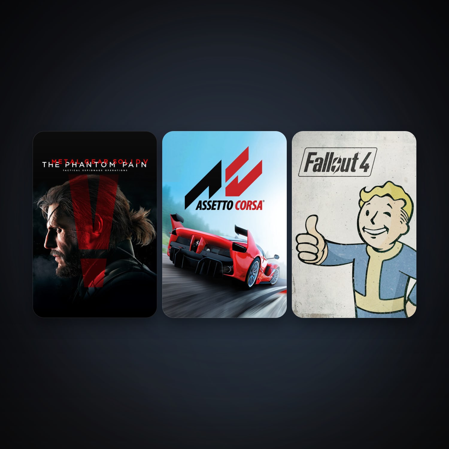 Assetto Corsa + METAL GEAR SOLID V: THE PHANTOM PAIN, 4 games, clean — HabibiAccounts