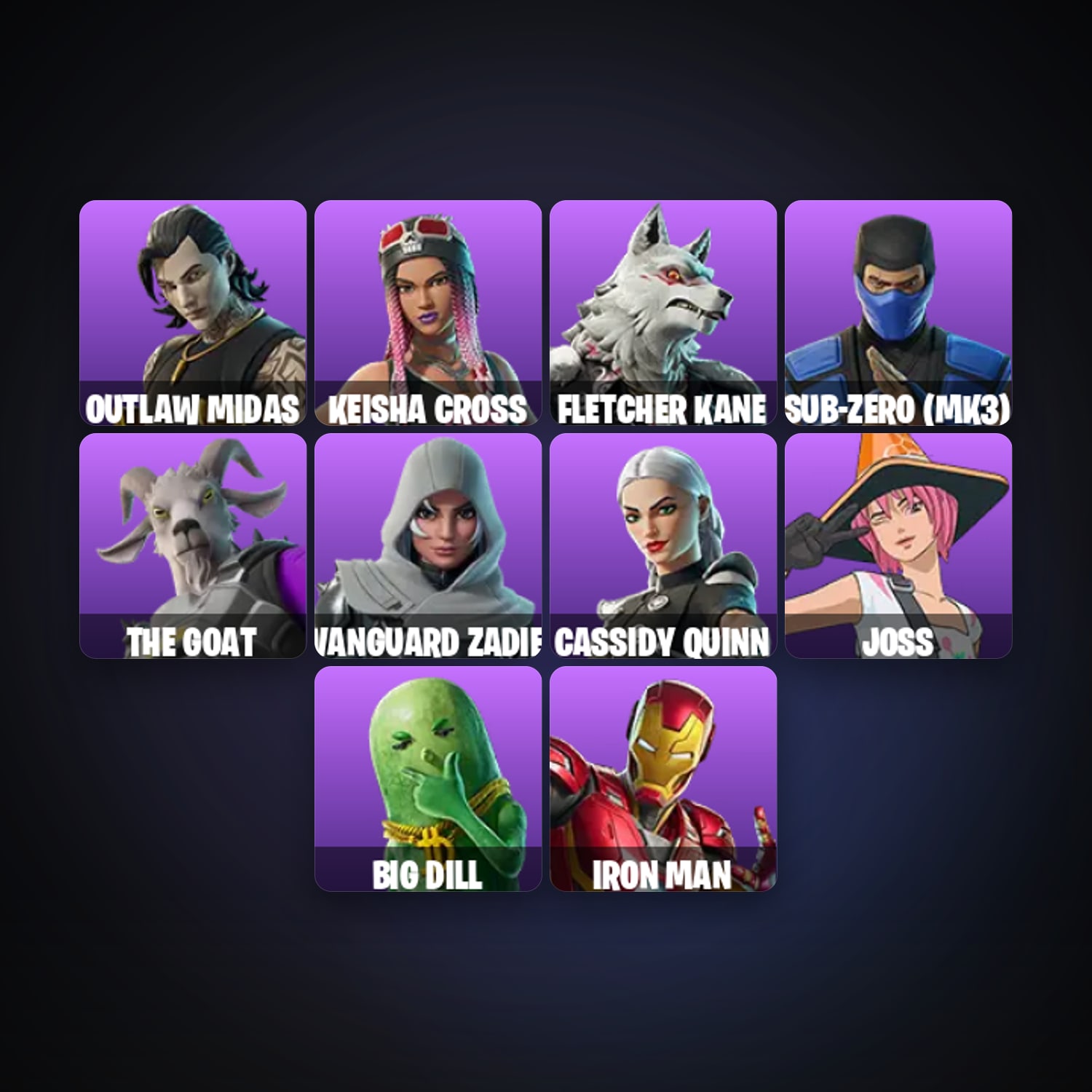 هالحساب فورتنايت Outlaw Midas وKeisha Cross، لوكر 13 سكن، 200 فيبوكس، لفل 813، 130 فوز — HabibiAccounts