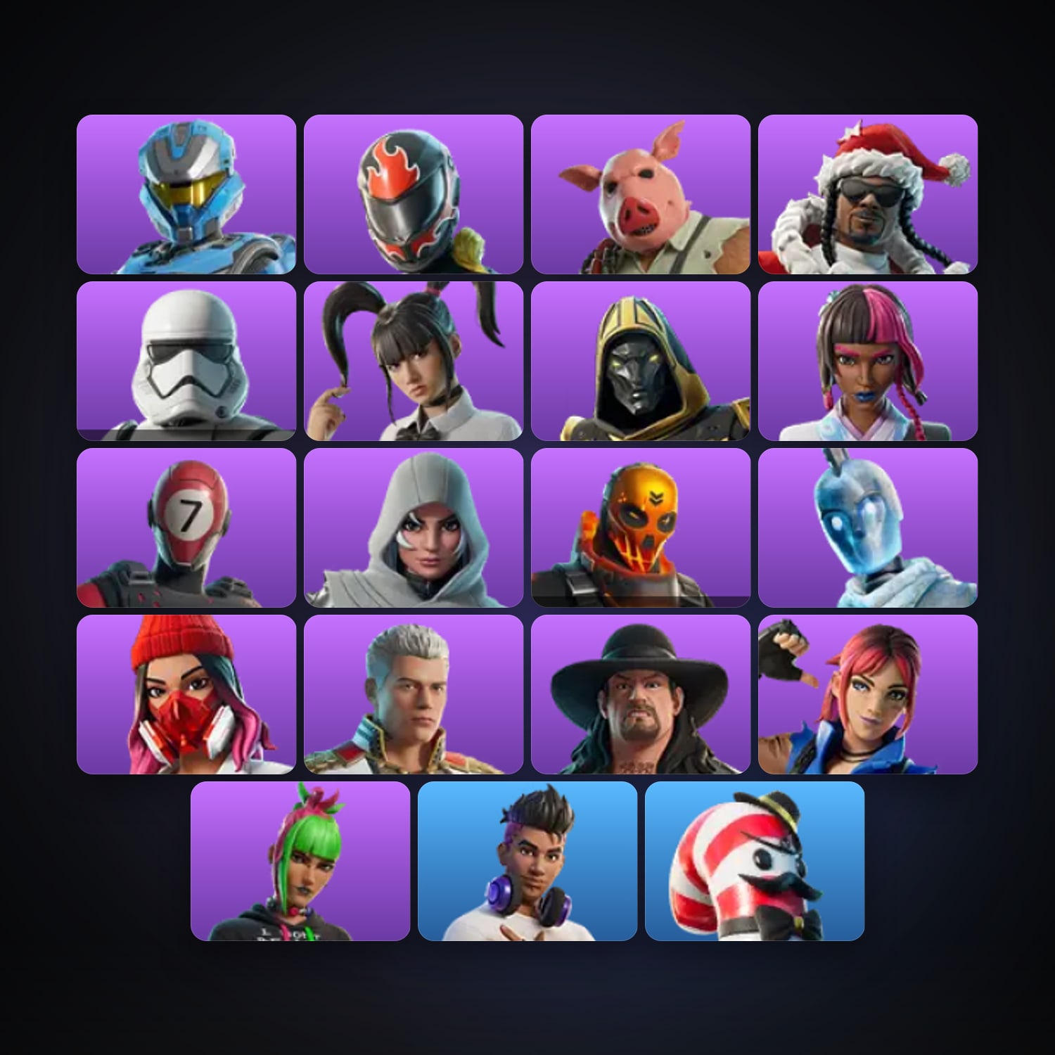 Fortnite locker — 19 skins — 300 V-Bucks — lvl 1262 — HabibiAccounts