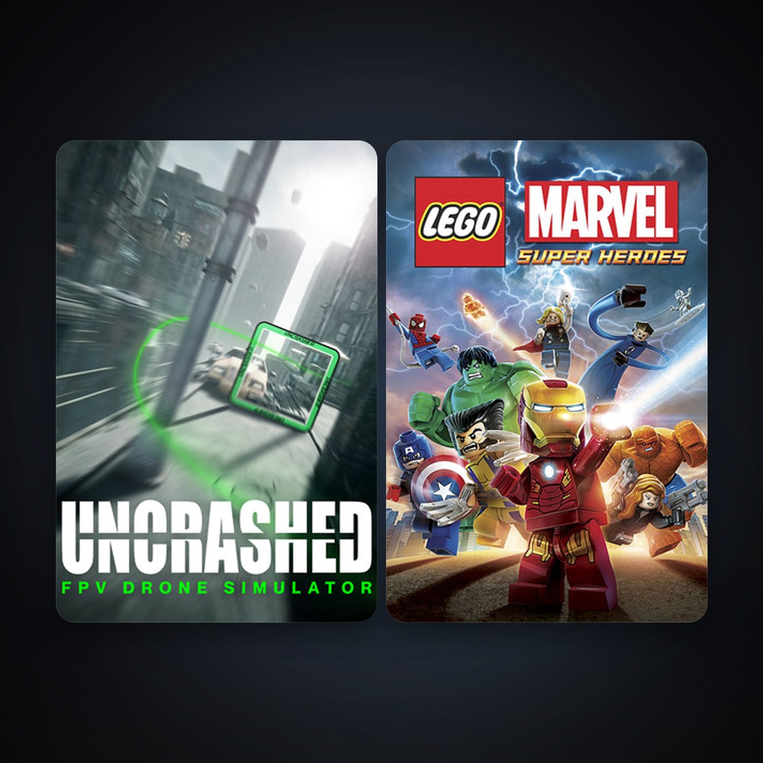 LEGO Marvel Super Heroes + Uncrashed : FPV Drone Simulator, 10 games, clean — HabibiAccounts
