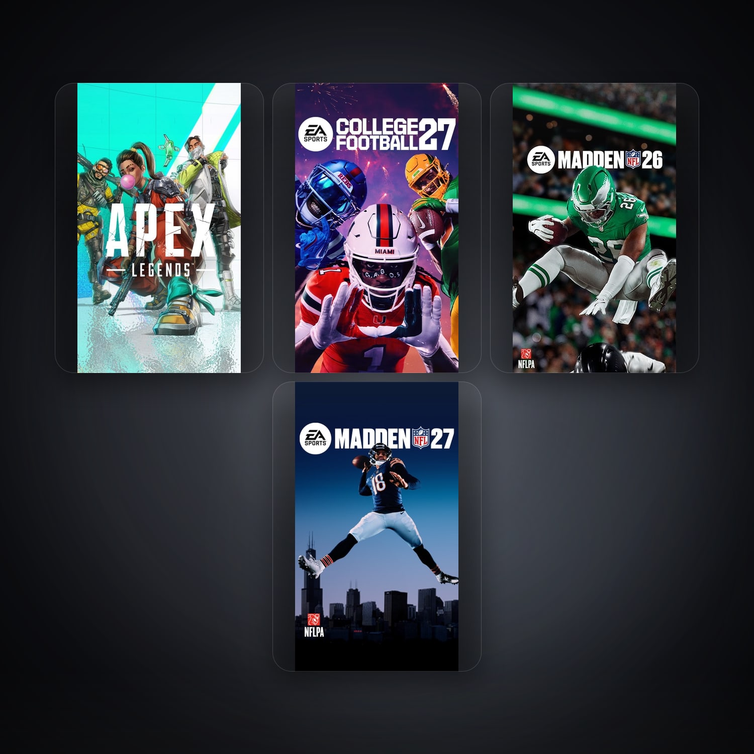 هالحساب إي إيه فيه Apex Legends وEA SPORTS College Football 27، US، 4 ألعاب — HabibiAccounts