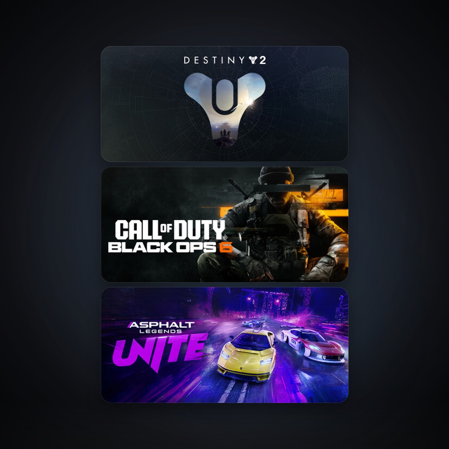 Destiny 2 + Asphalt Legends Unite, 5 games, clean — HabibiAccounts