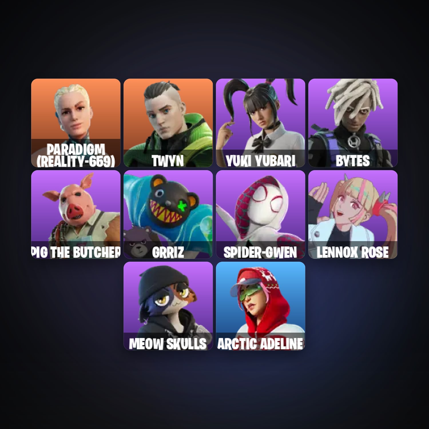 Fortnite locker — 13 skins — 450 V-Bucks — lvl 620 — HabibiAccounts