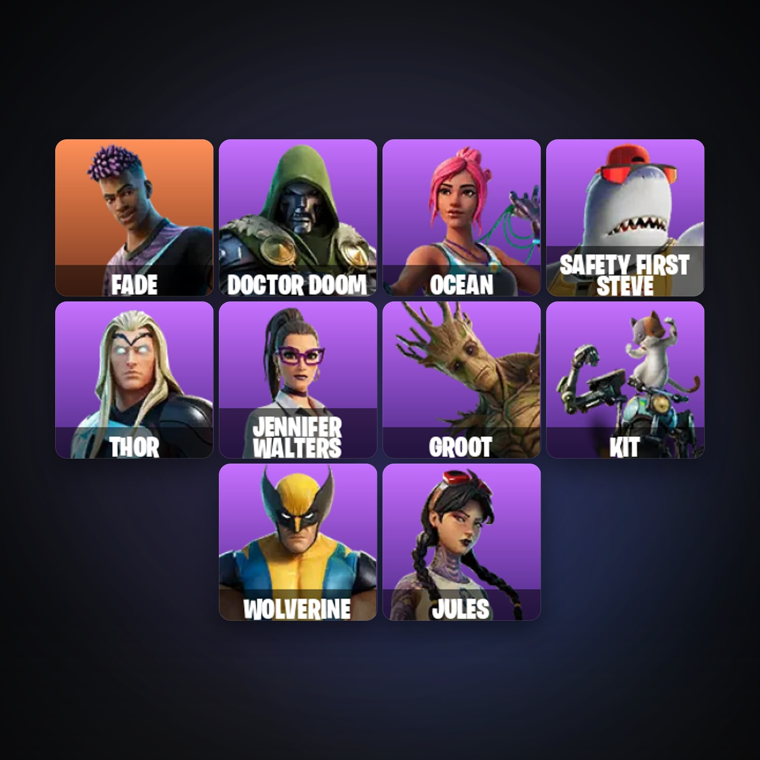هالحساب فورتنايت Fade وDoctor Doom، لوكر 14 سكن، 200 فيبوكس، لفل 228، 21 فوز — HabibiAccounts