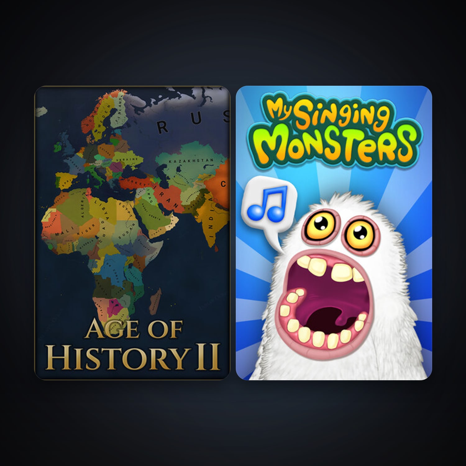 Age of History II + My Singing Monsters, 4 games, clean — HabibiAccounts