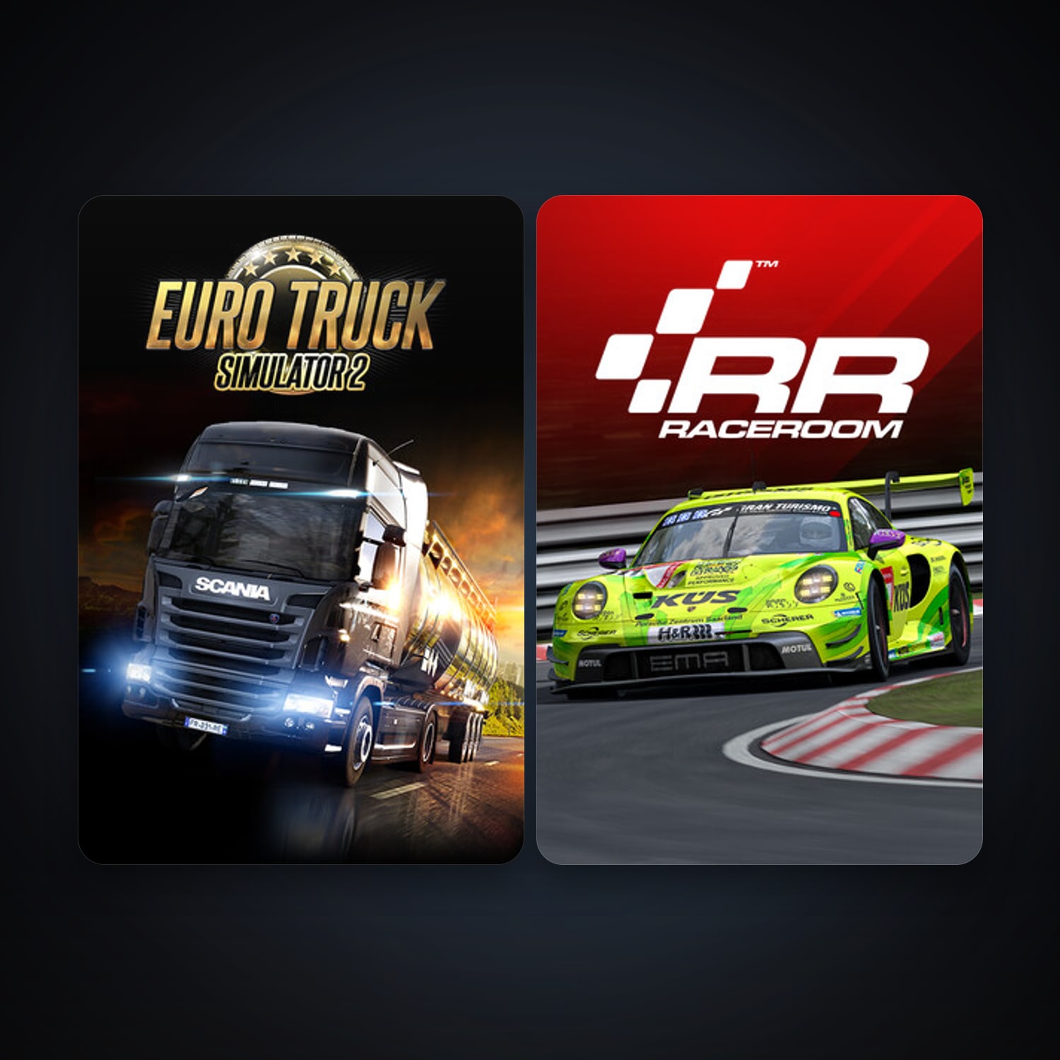 RaceRoom Racing Experience + Euro Truck Simulator 2, 4 games, clean — HabibiAccounts