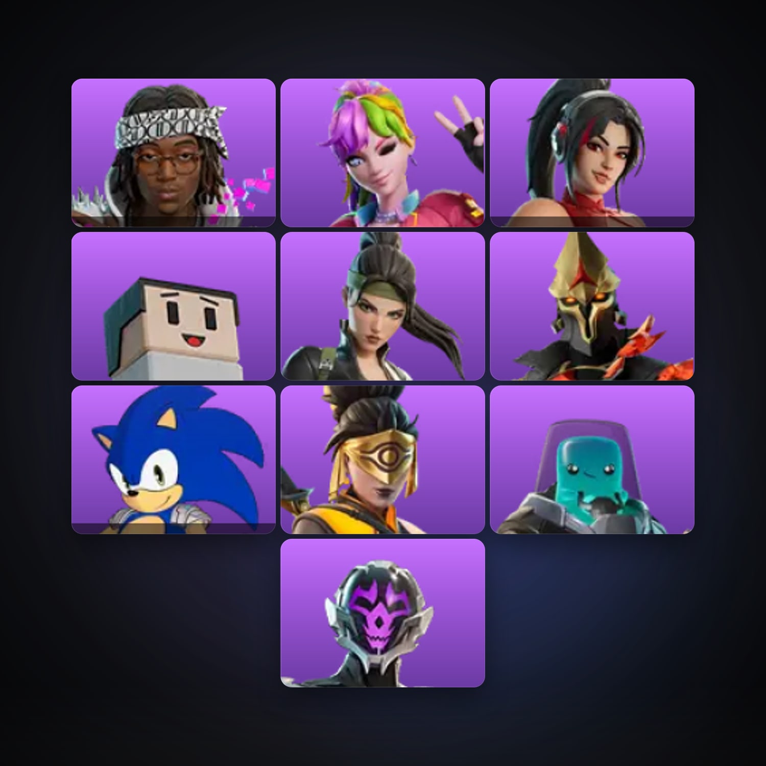 Fortnite locker — 10 skins — 1.1K V-Bucks — lvl 43 — HabibiAccounts