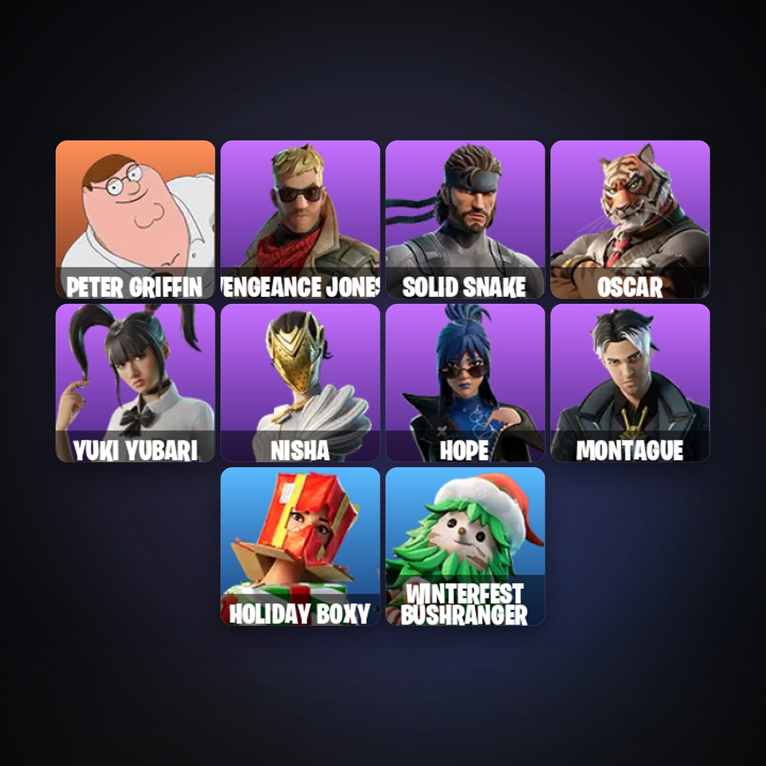 هالحساب فورتنايت Peter Griffin وVengeance Jones، لوكر 11 سكن، 550 فيبوكس، لفل 313، 14 فوز — HabibiAccounts