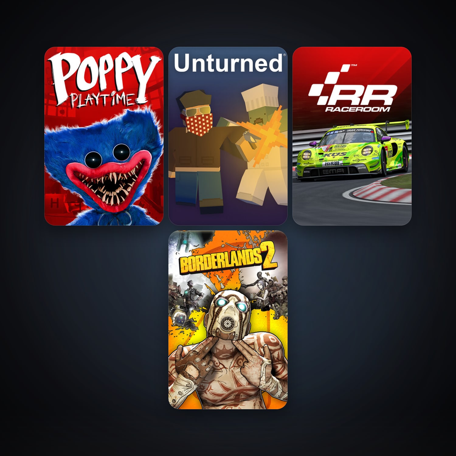 Borderlands 2 + RaceRoom Racing Experience, 12 games, clean — HabibiAccounts