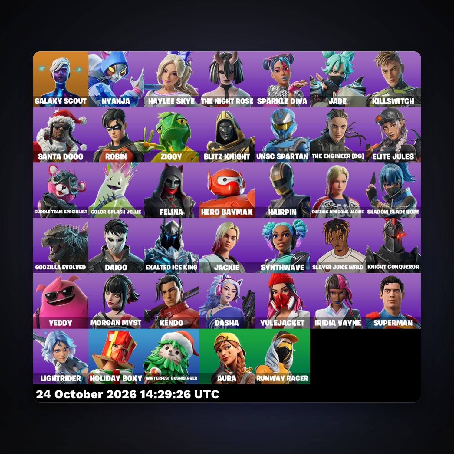 حساب فورتنايت Galaxy Scout وSanta Dogg، لوكر 40 سكن، 200 فيبوكس، لفل 1314، 107 فوز — HabibiAccounts