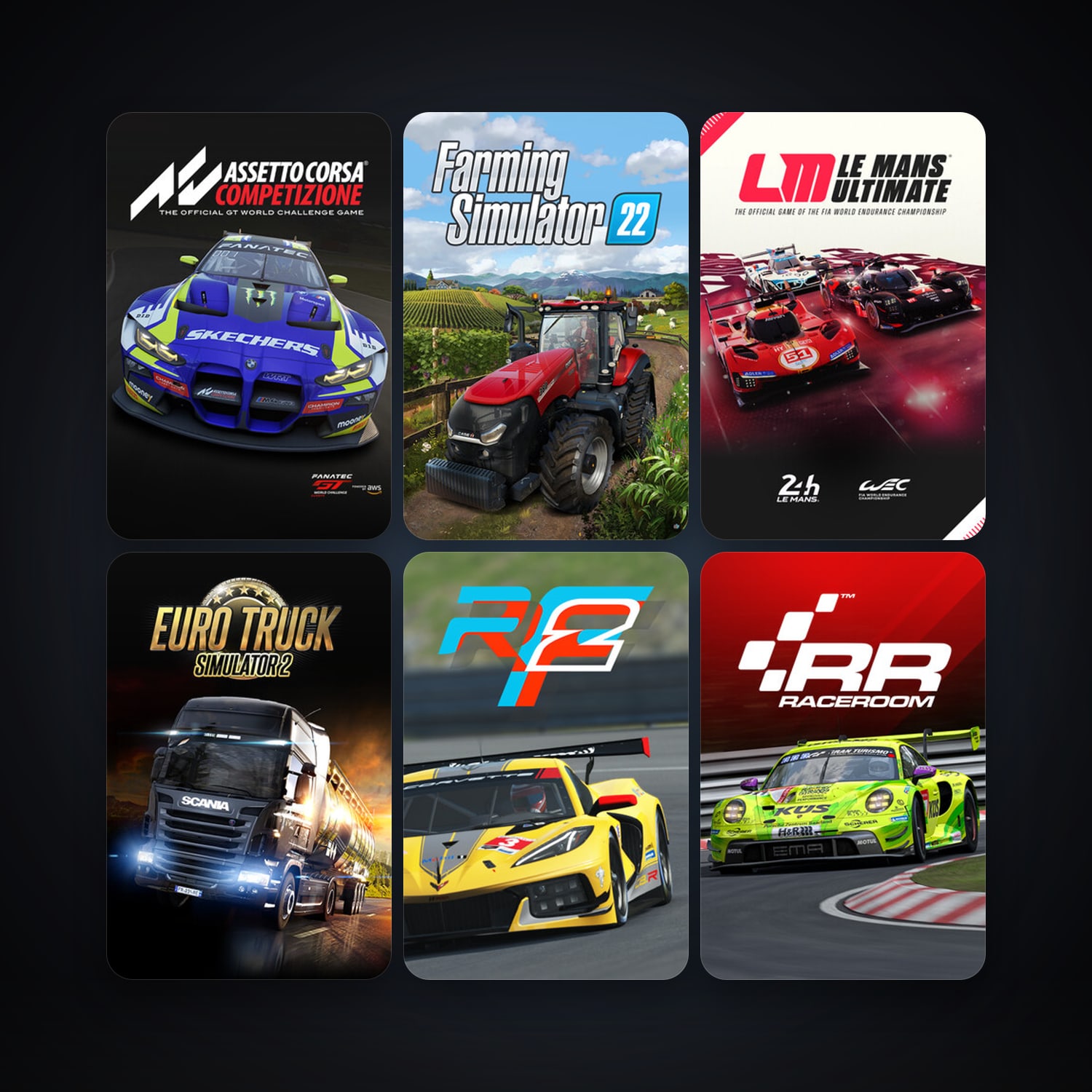 RaceRoom Racing Experience + Euro Truck Simulator 2, 22 games, clean — HabibiAccounts