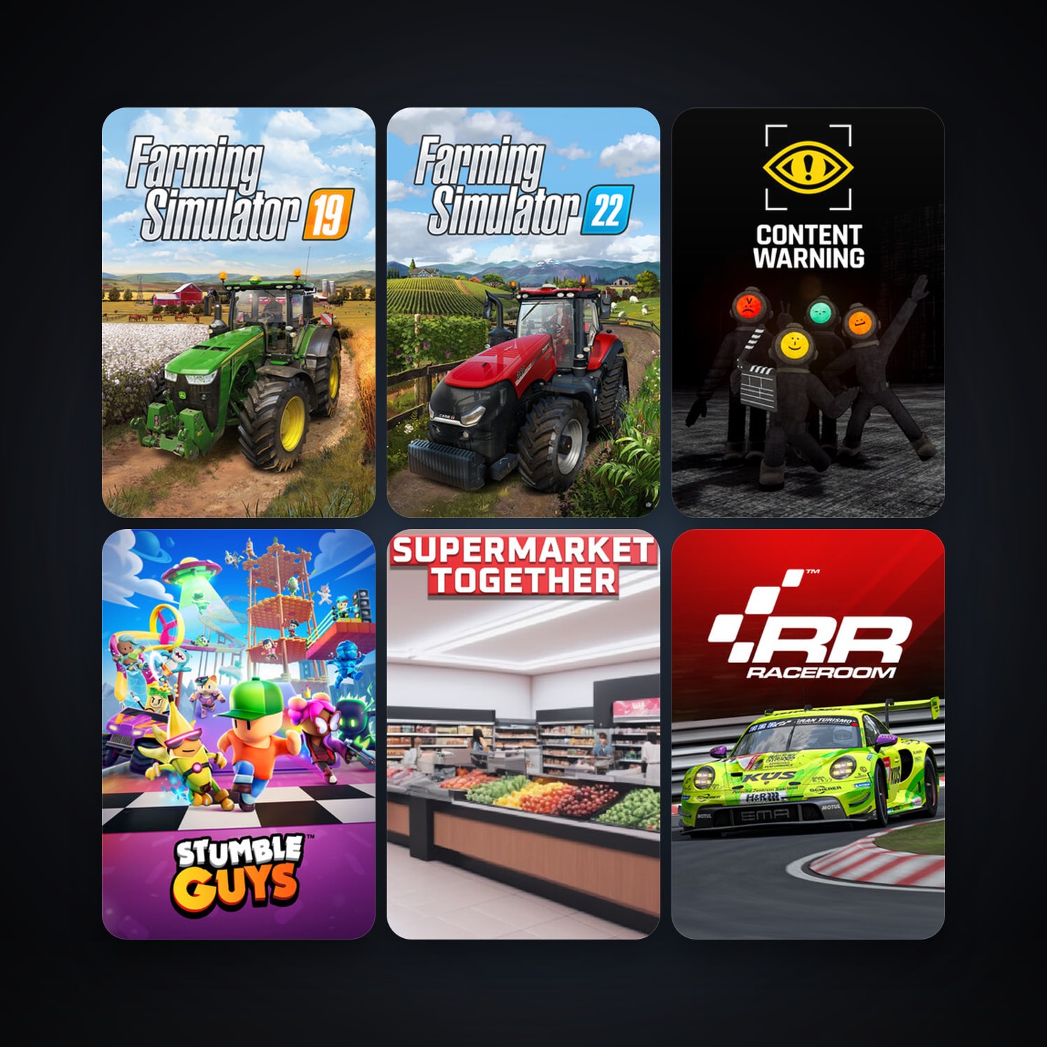 RaceRoom Racing Experience + Farming Simulator 19, 7 games, clean — HabibiAccounts