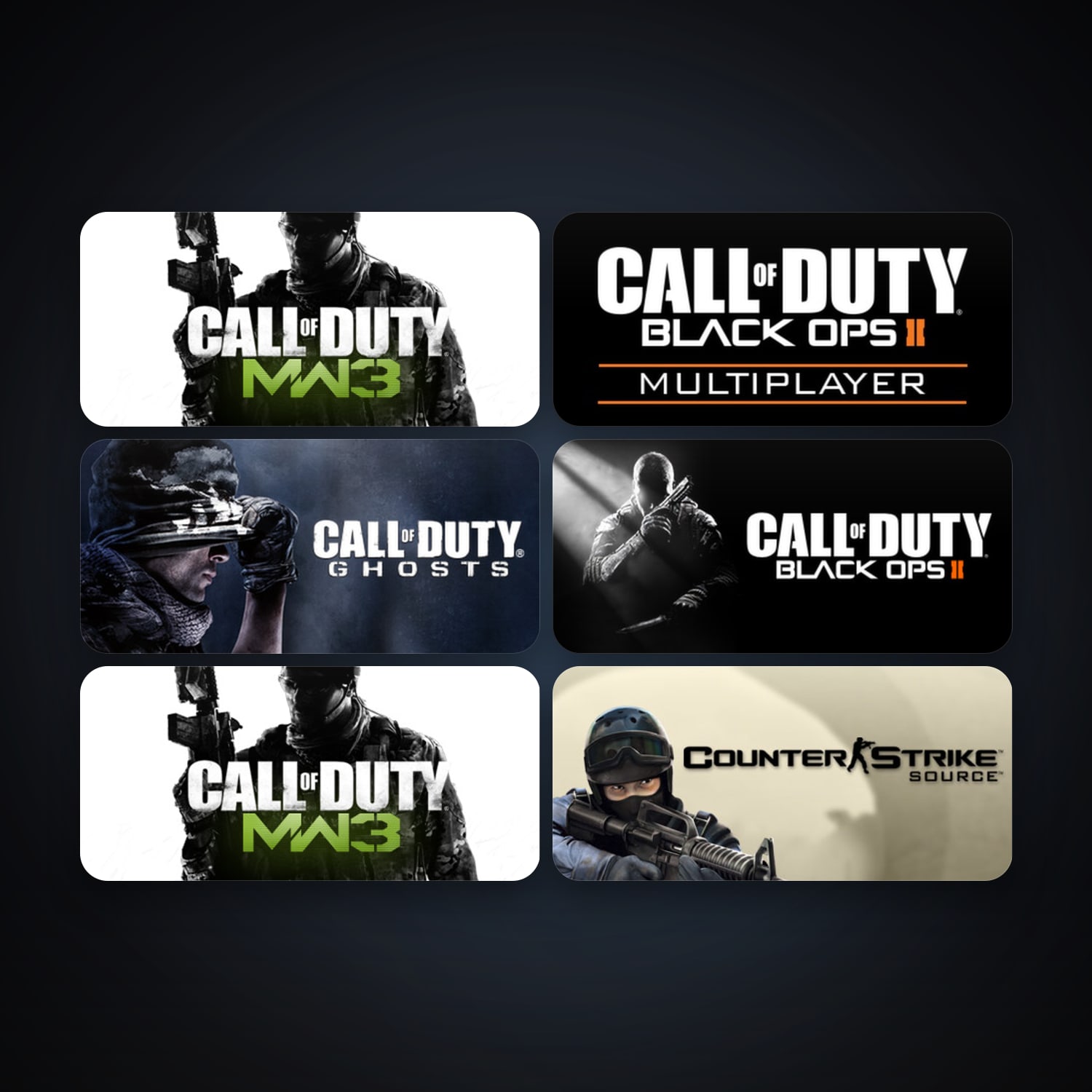 Counter-Strike: Source + Call of Duty: Modern Warfare 3 (2011), 11 games, clean — HabibiAccounts