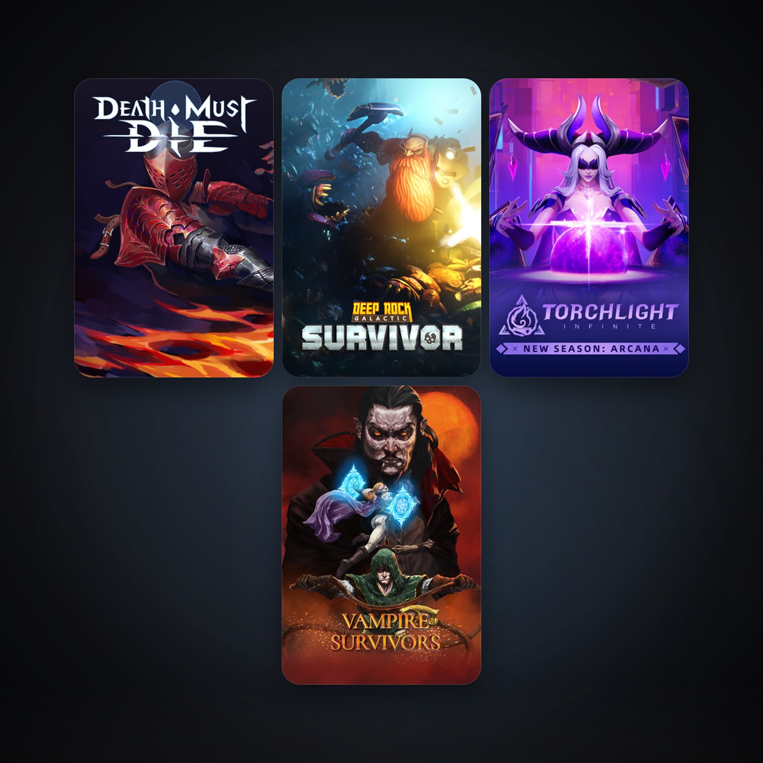 Vampire Survivors + Torchlight: Infinite, 8 games, clean — HabibiAccounts