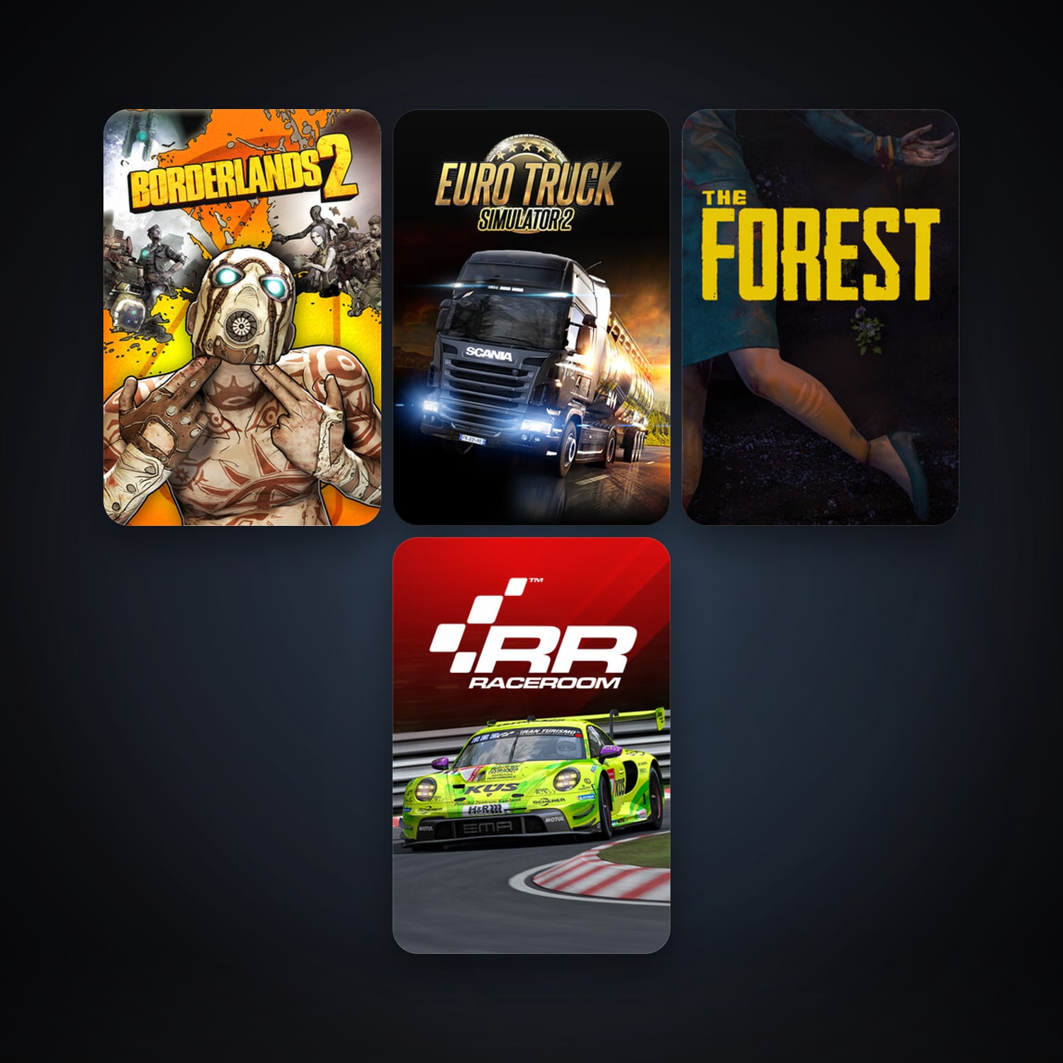 Borderlands 2 + RaceRoom Racing Experience, 12 games, clean — HabibiAccounts