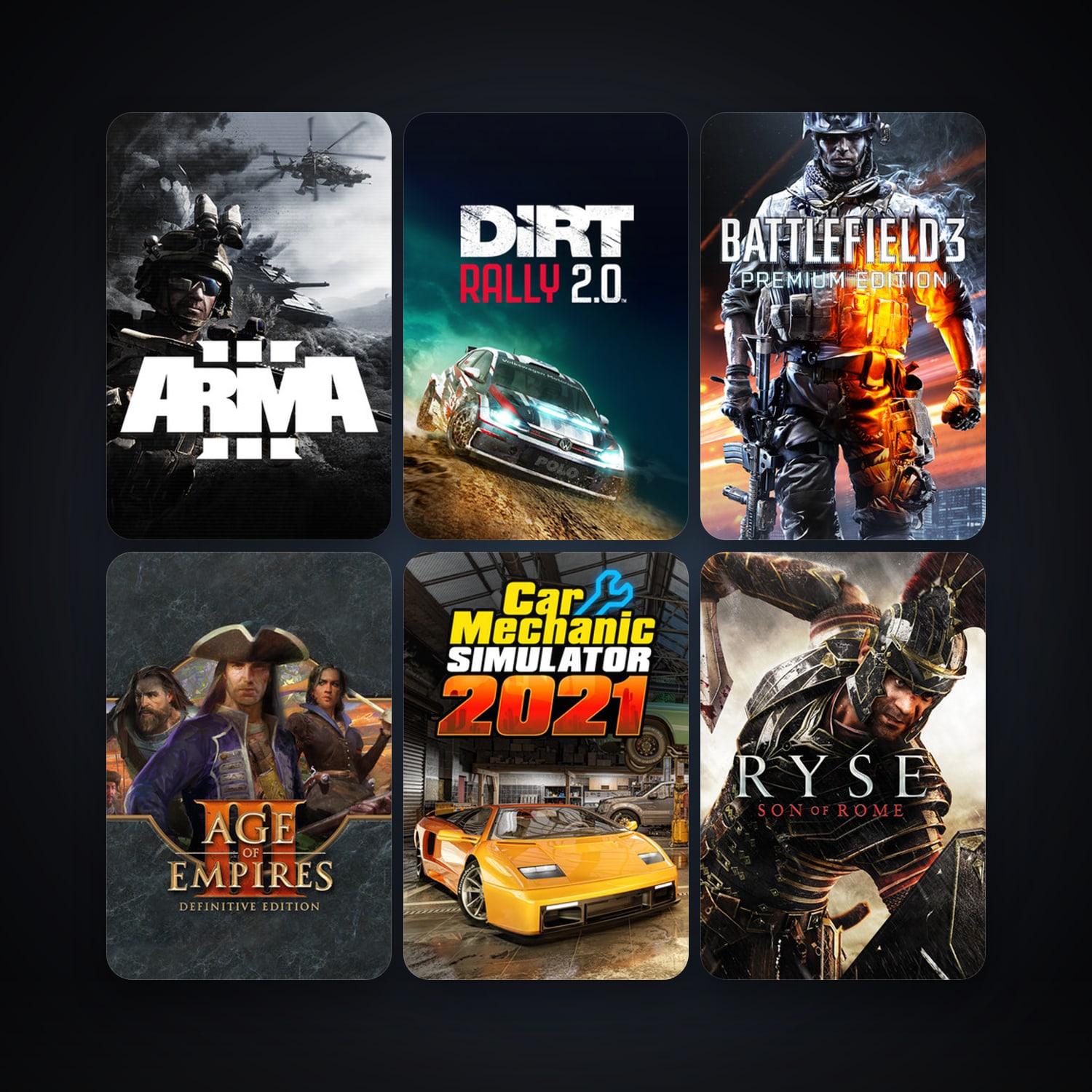 Arma 3 + Ryse: Son of Rome, 18 games, clean — HabibiAccounts