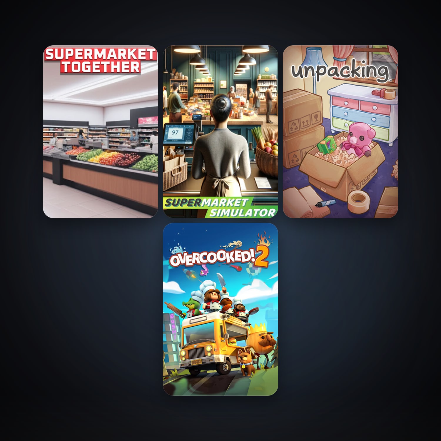 Overcooked! 2 + Unpacking, 4 games, clean — HabibiAccounts