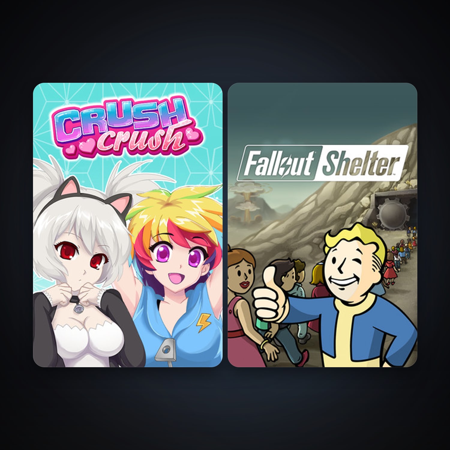 Crush Crush + Fallout Shelter, 12 games, clean — HabibiAccounts