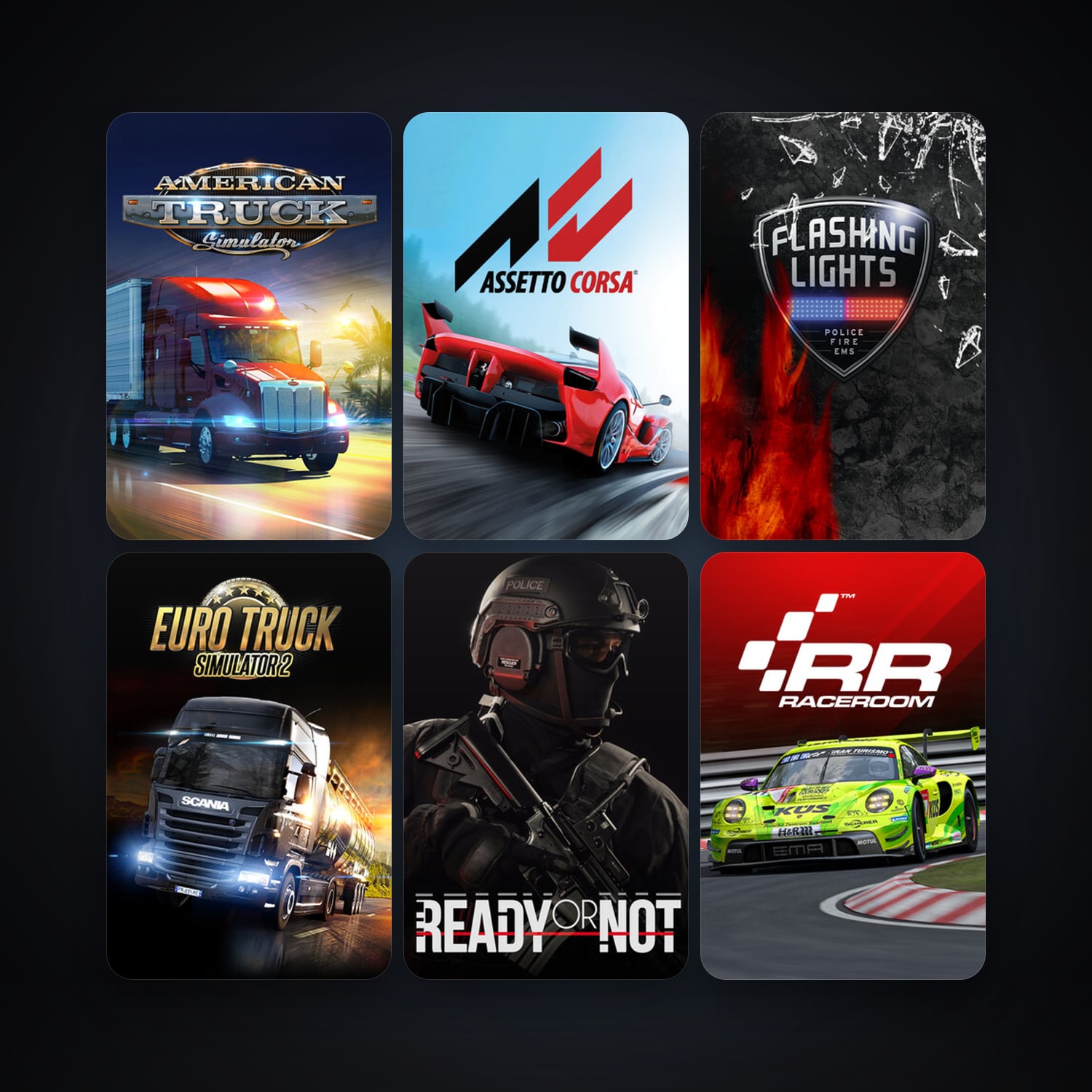RaceRoom Racing Experience + Euro Truck Simulator 2, 35 games, clean — HabibiAccounts