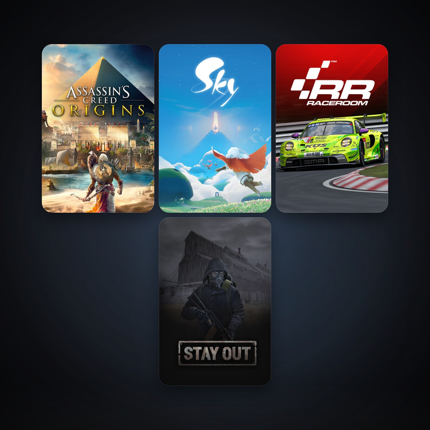 RaceRoom Racing Experience + Assassin's Creed Origins, 7 games, clean — HabibiAccounts