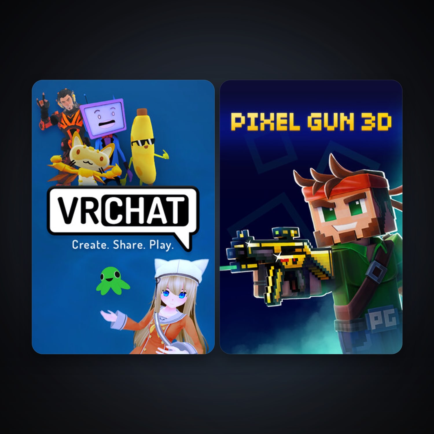 VRChat + Pixel Gun 3D: PC Edition, 5 games, clean — HabibiAccounts