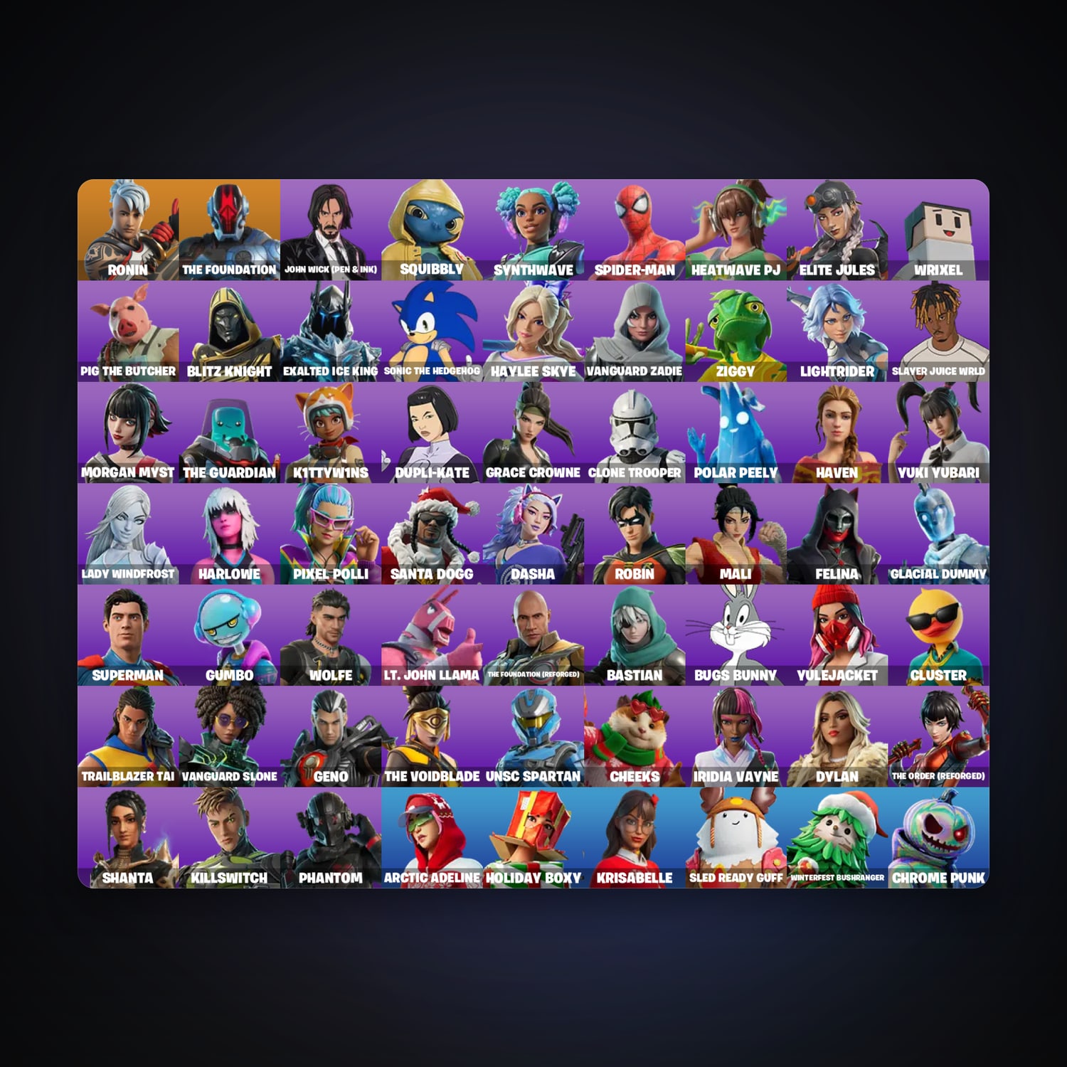 حساب فورتنايت Ronin وThe Foundation، لوكر 67 سكن، لفل 8150، 1.5K فوز — HabibiAccounts