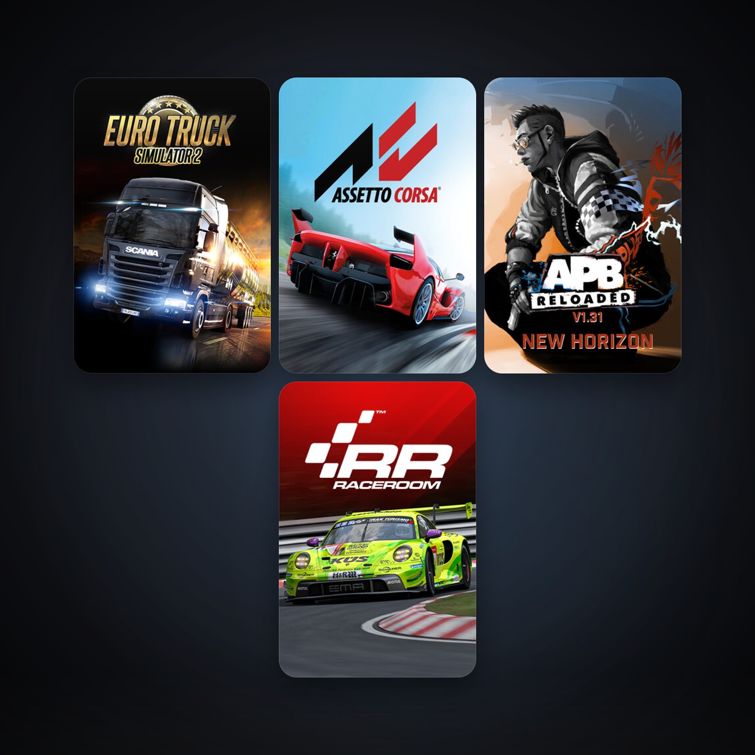 APB Reloaded + RaceRoom Racing Experience, 4 games, clean — HabibiAccounts