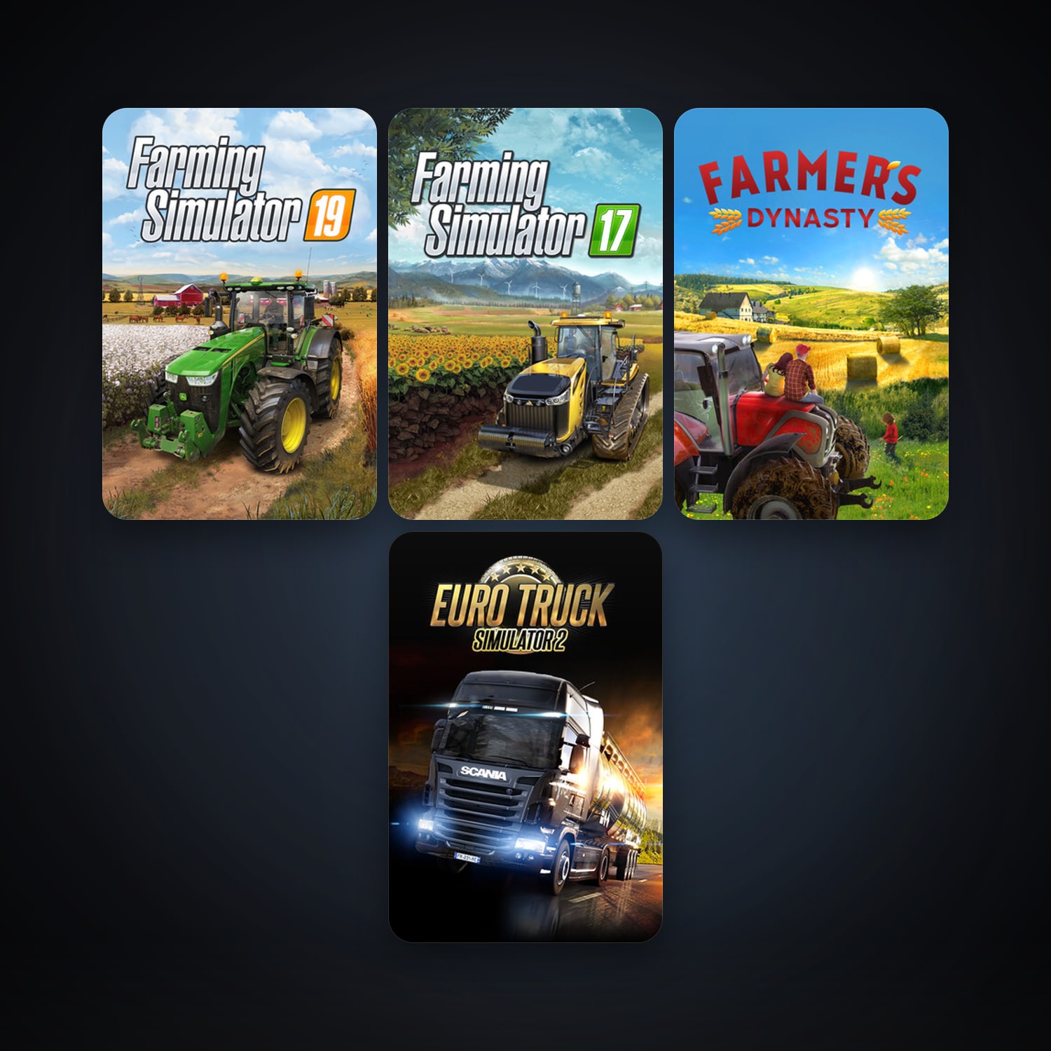 Euro Truck Simulator 2 + Farming Simulator 17, 4 games, clean — HabibiAccounts