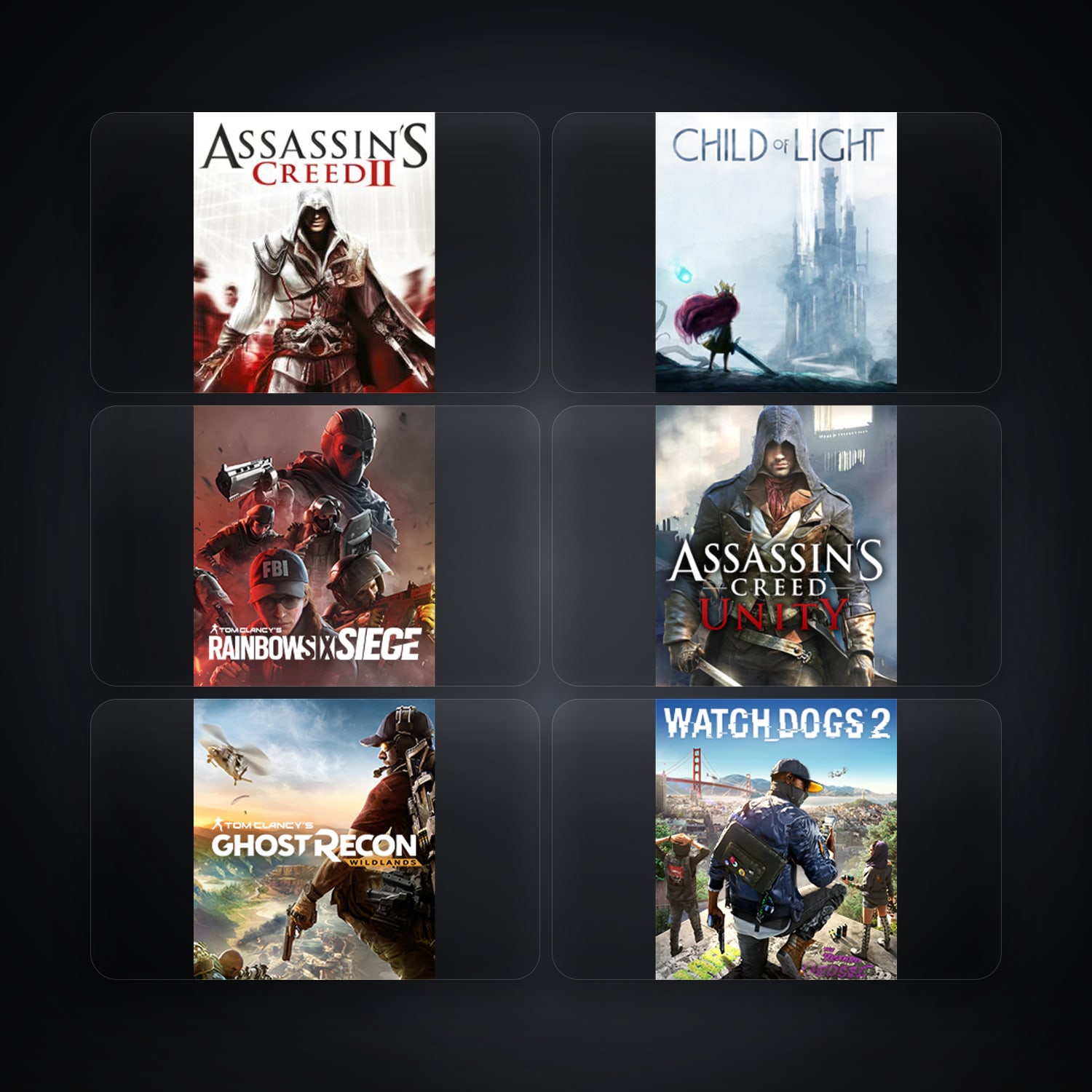هالحساب يوبيسوفت فيه Assassin's Creed II وChild of Light، FR، 10 ألعاب — HabibiAccounts