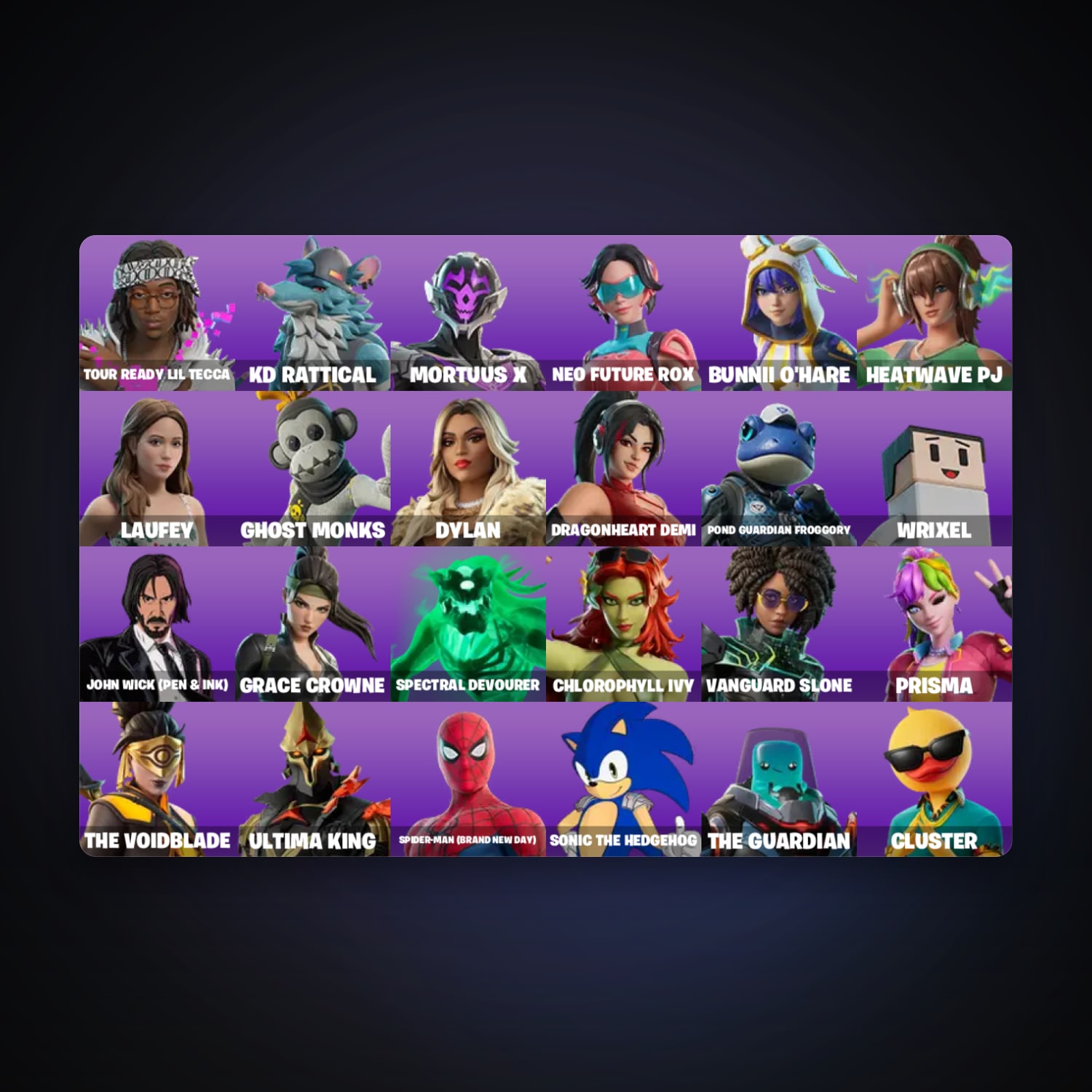 حساب فورتنايت Tour Ready Lil Tecca وKD Rattical، لوكر 25 سكن، 450 فيبوكس، لفل 151، 12 فوز — HabibiAccounts