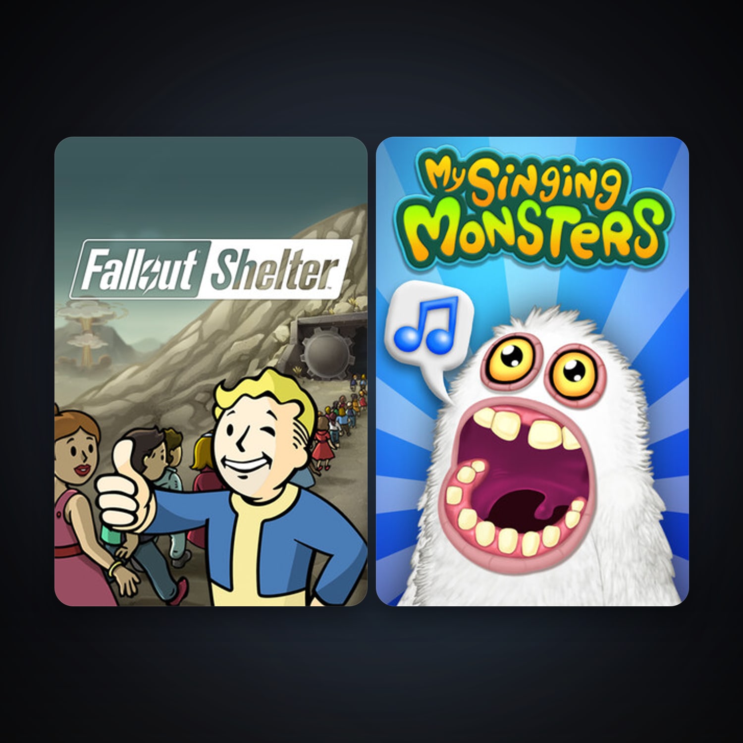 Fallout Shelter + My Singing Monsters, 2 games, clean — HabibiAccounts