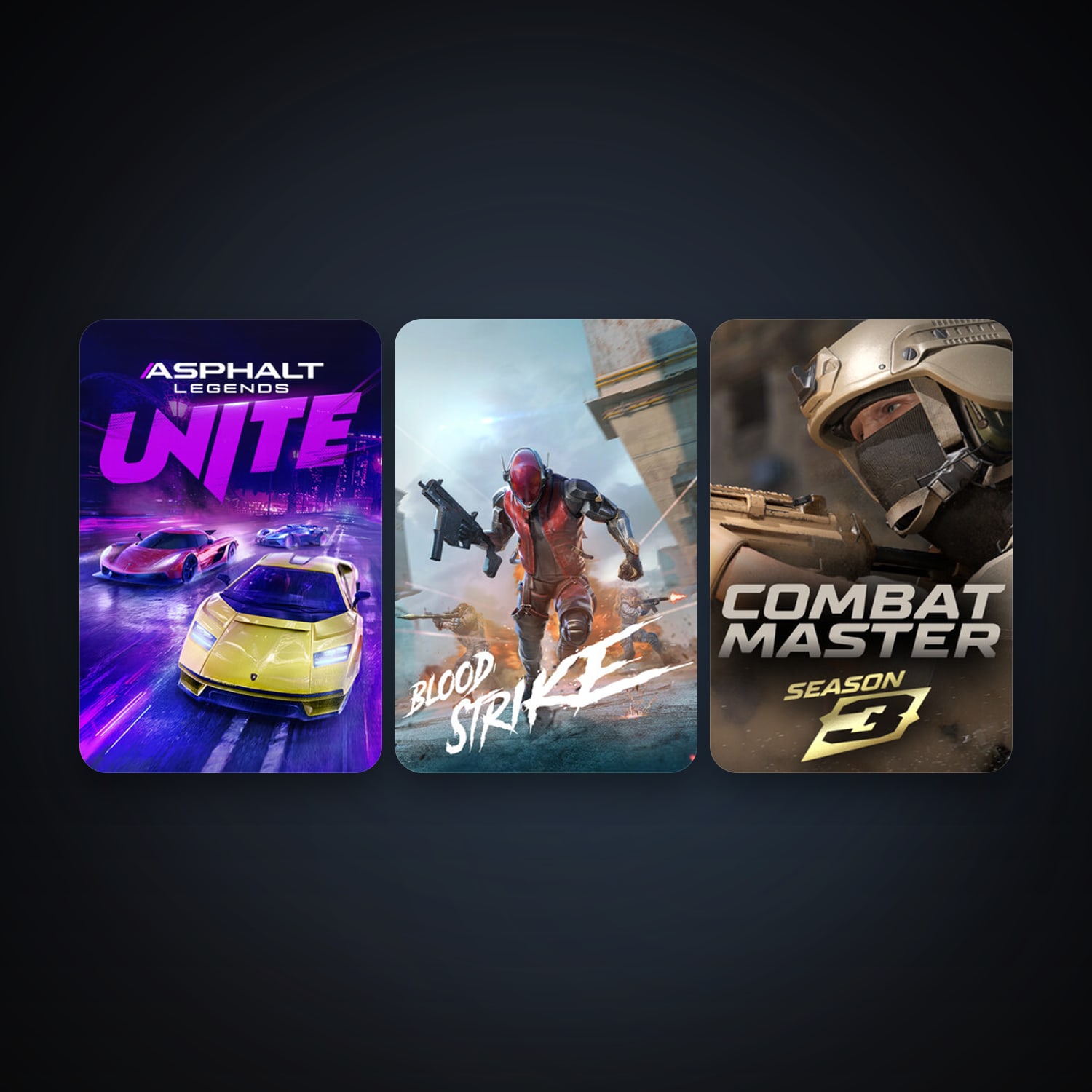 Asphalt Legends Unite + Combat Master: Season 1, 3 games, clean — HabibiAccounts