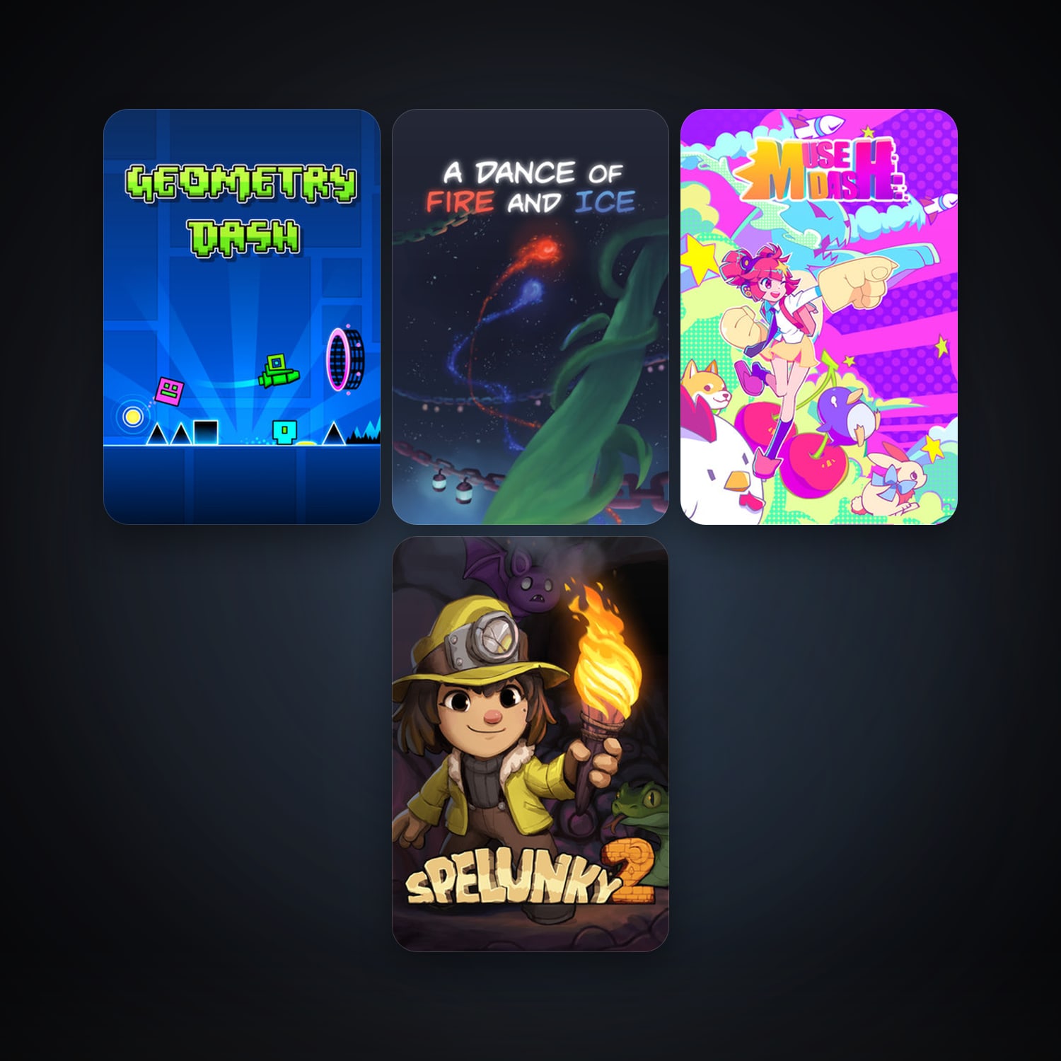 Geometry Dash + Spelunky 2, 4 games, clean — HabibiAccounts